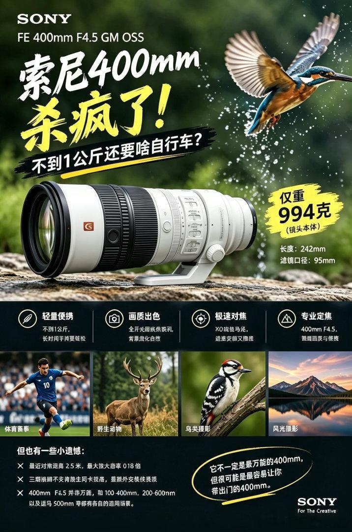索尼400mm杀疯了：不到1公斤还要啥自行车？

索尼这次是真把长焦玩明白了。

最新实测显示，刚发布不久的FE 400mm F4.5 GM OSS，镜头本体重量只有994克，长度242mm。一个400mm F4.5专业定焦，硬是被索尼做出了“拿起来不像长焦”的感觉。

这才是它最大的杀招。

传统400mm大光圈镜头虽然画质和虚化都 ​
