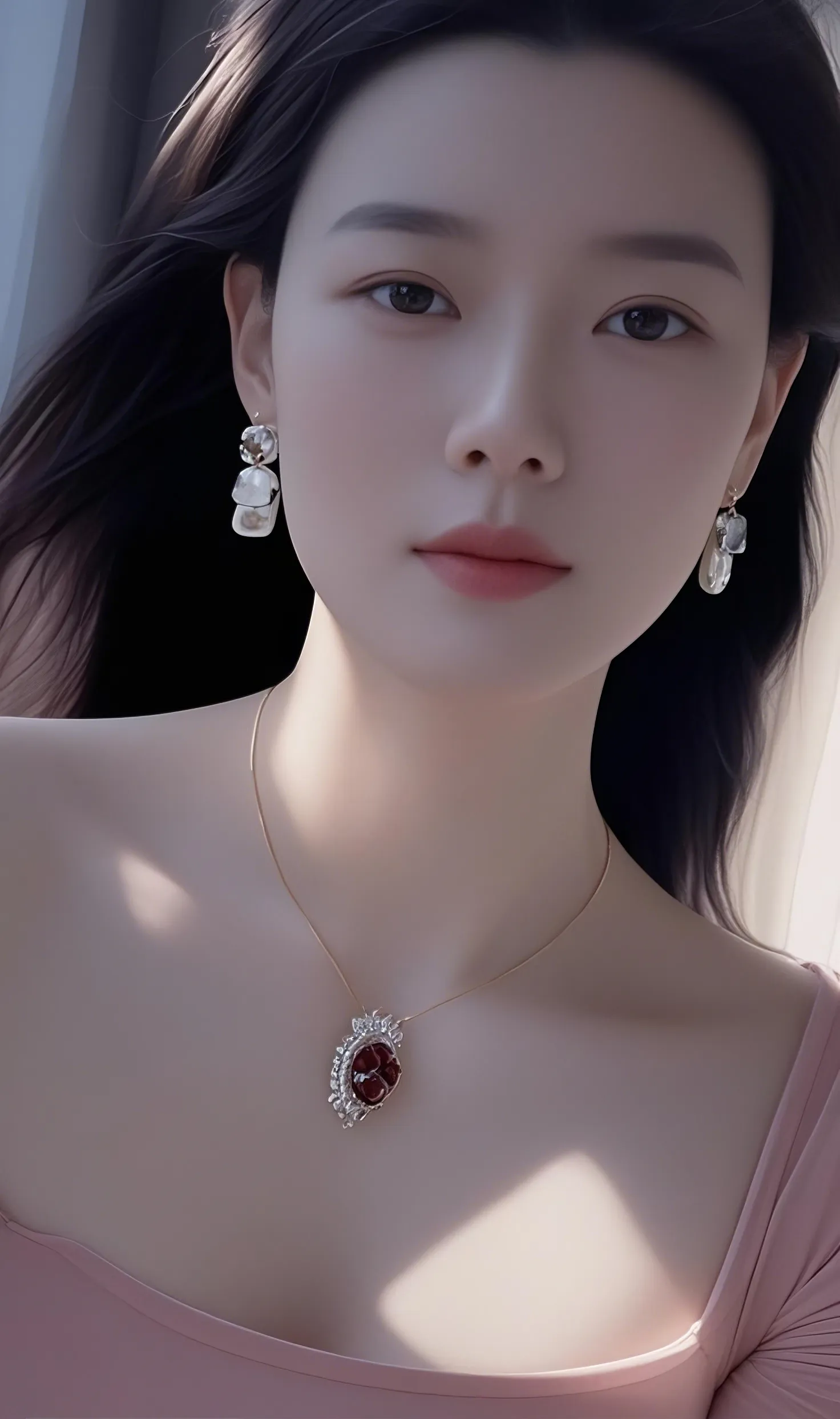 甜美温婉的小姐姐，闪闪发光的耳环和项链，清新自然的美。