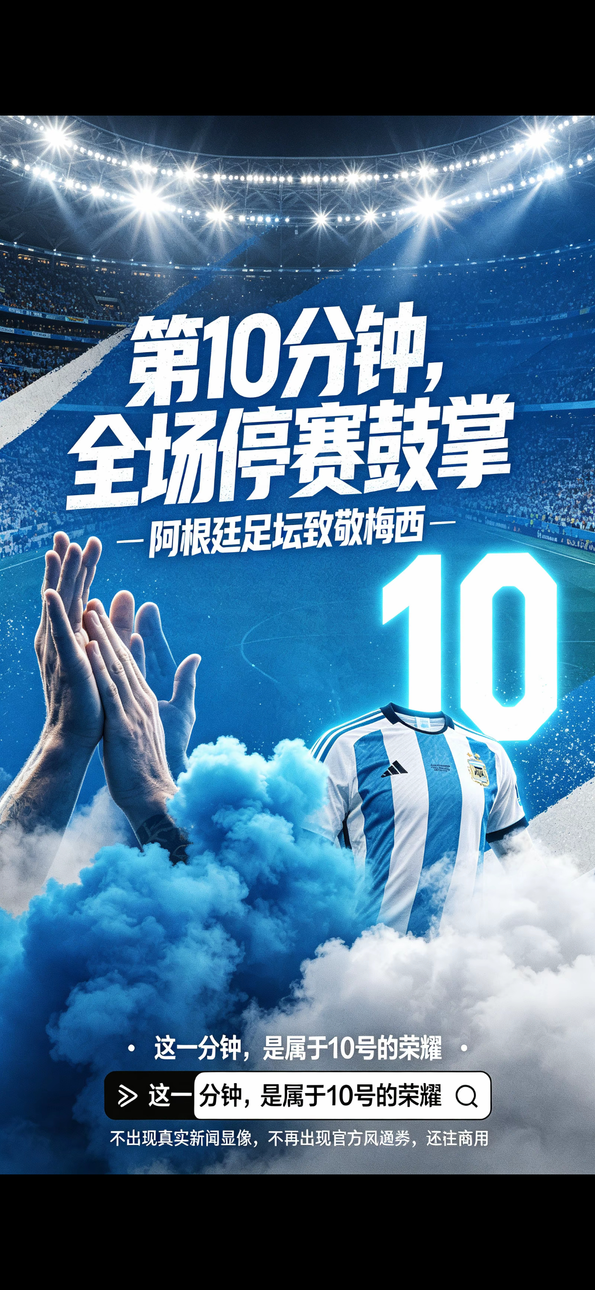 #梅西 #阿根廷足坛将进行1分钟致敬鼓掌
致敬梅西！！比赛第10分钟暂停致敬梅西。

阿根廷足协发布第6940号公告，宣布国内所有足球赛事将统一举行致敬梅西的仪式。在下一轮全部男女足赛事，涵盖11人制、五人制、沙滩足球各个组别，比赛上半场第10分钟，赛场将会暂停一分钟，全场所有人起立鼓掌，向传奇 ​