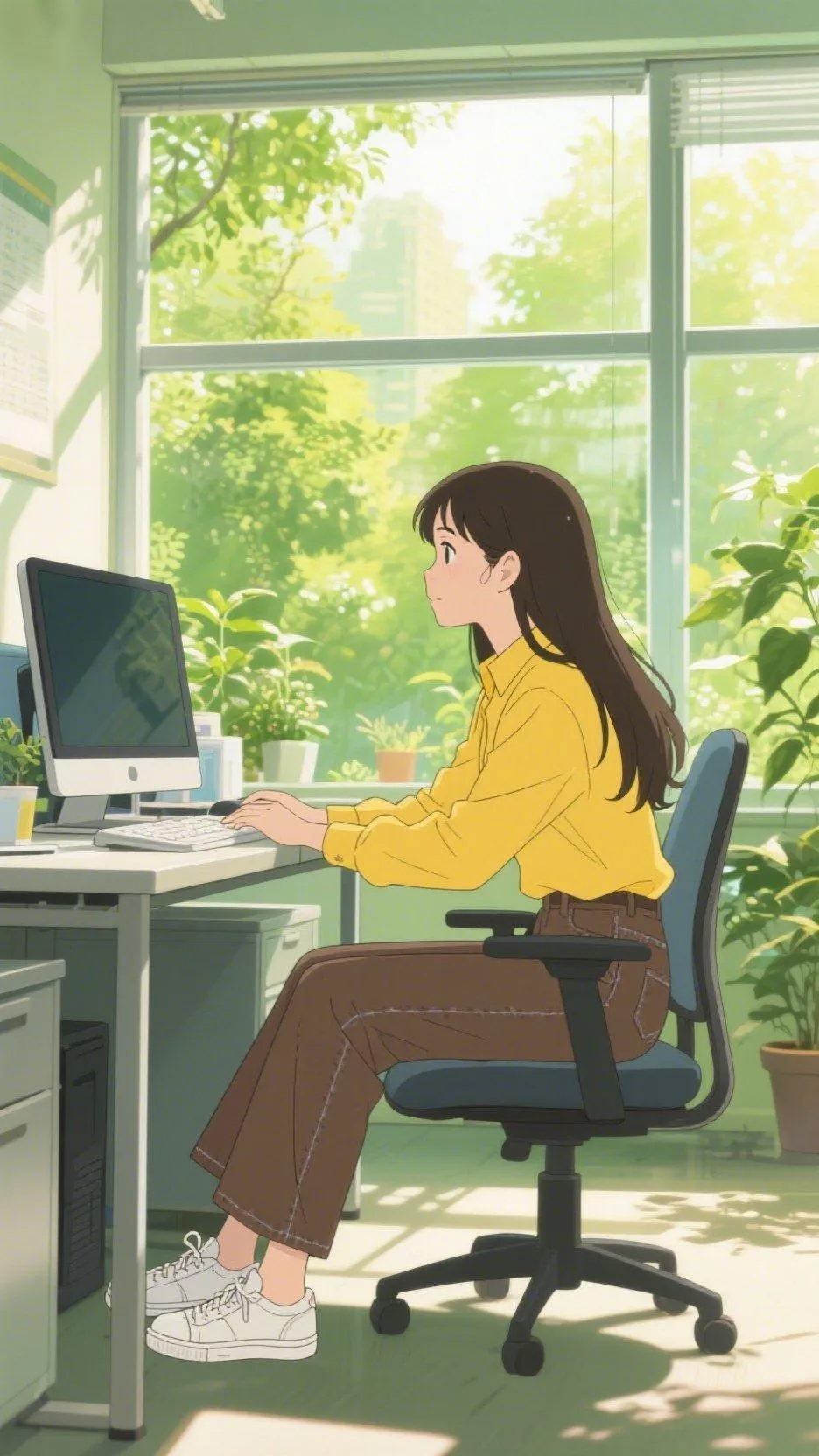 阳光洒进办公室，元气少女认真工作🌞💻✨