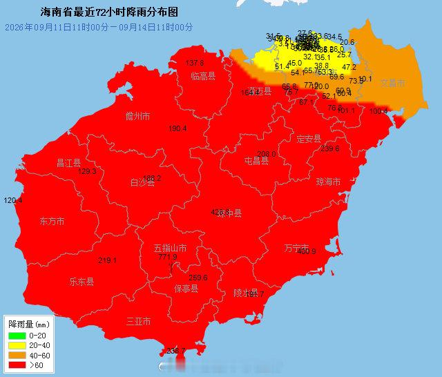 海南五指山滑动24小时雨量达到637mm，继续刷新日雨量记录。同时过程累计接近800mm，此外万宁和琼中两地国家站点也相继突破400mm。 ​