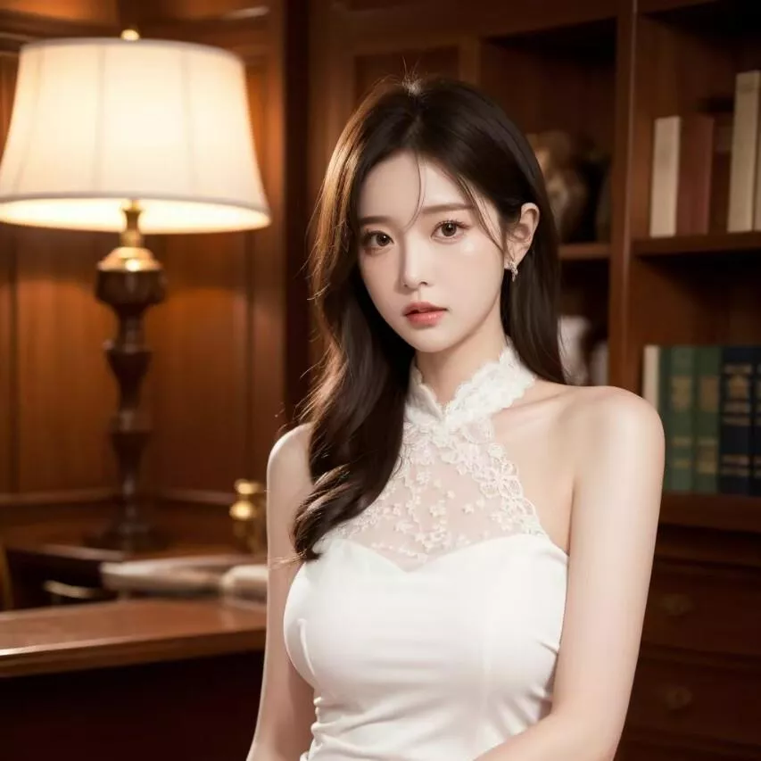 优雅白衣少女，静谧书房中，温柔如月光。