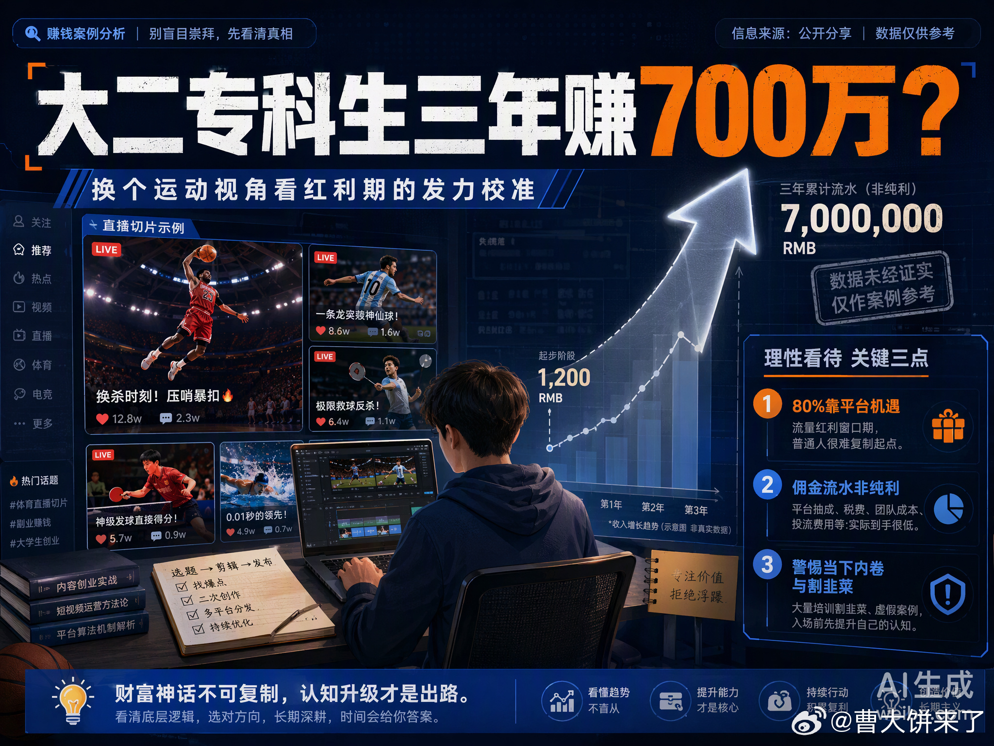 看着是03年大二专科生靠切片三年赚700万，换个运动视角看，这其实是个体在直播红利这套“早期支撑系统”下，完成的一次精准发力校准。

从月入1200到自称年入百万，这种跨越本质上是在平台算法尚未收紧、赛道极度空旷时，为了抓住那个能让收入长久立足的平衡点而做出的动作重构。当事人坦言成功八成靠 ​