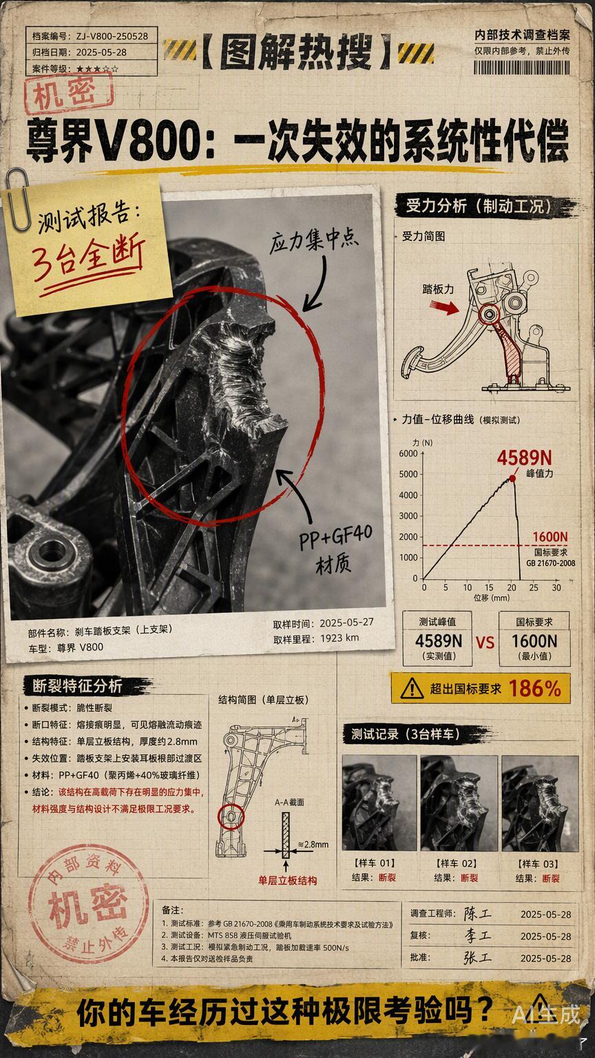 看着是刹车踏板支架断裂，换个运动视角看，这其实是尊界V800在100km/h-0紧急制动这套“高压考核机制”下，发生的一次系统性发力代偿。

懂车帝测试中三台车全部物理断裂，断口高度一致。这种在极限受力下的瞬间崩盘，本质上是在传感器峰值显示4589N的极端工况下，支架转轴处单层立板结构无法维持动力定 ​