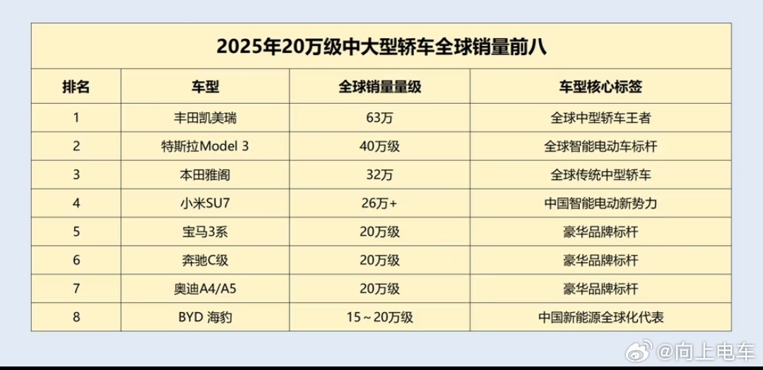 2025年20万中大型轿车全球销量前十，丰田凯美瑞拿下第一名，丰田全球...