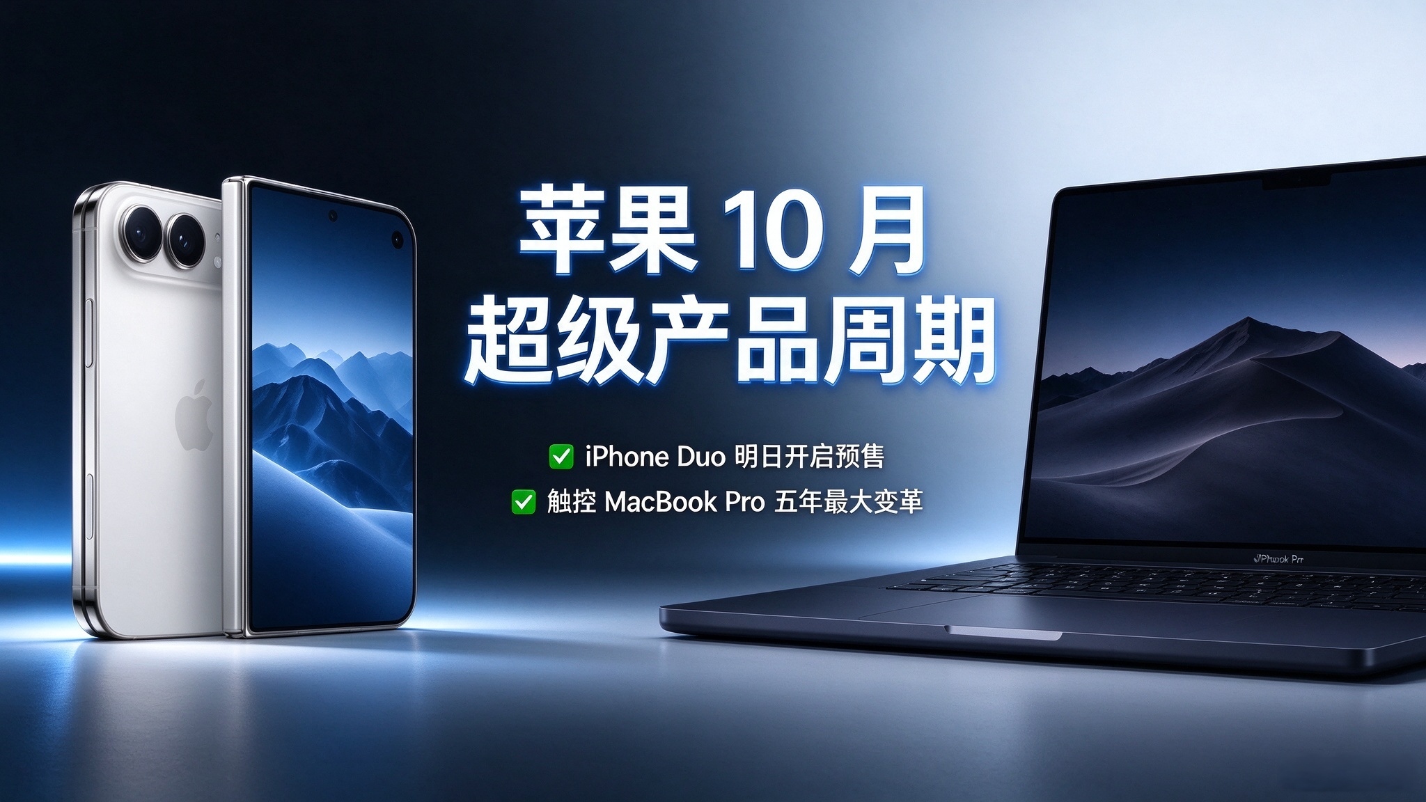 苹果正式进入 10 月超级产品周期，两大重磅事件接连落地。
苹果秋季新机 iPhone Duo 折叠屏，明天（10 月 16 日）晚 8 点开启预售**。这是苹果首款折叠手机，展开 7.6 英寸大屏，起售价 15999 元，10 月 23 日正式开售，全网都在蹲首发货源Apple...。

另一