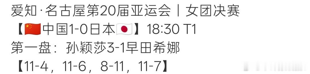 #早田希娜招架不住被孙颖莎打笑了#
在2026年名古屋亚运会乒乓球女团决赛首盘，孙颖莎以3比1战胜日本名将早田希娜，将双方的交手纪录改写为惊人的20战全胜，这场跨越12年的绝对压制让对手在场上无奈苦笑。
一、核心赛果
比赛背景：2026年爱知·名古屋亚运会女团决赛首盘，孙颖莎作为一单率先登场。
四局 ​