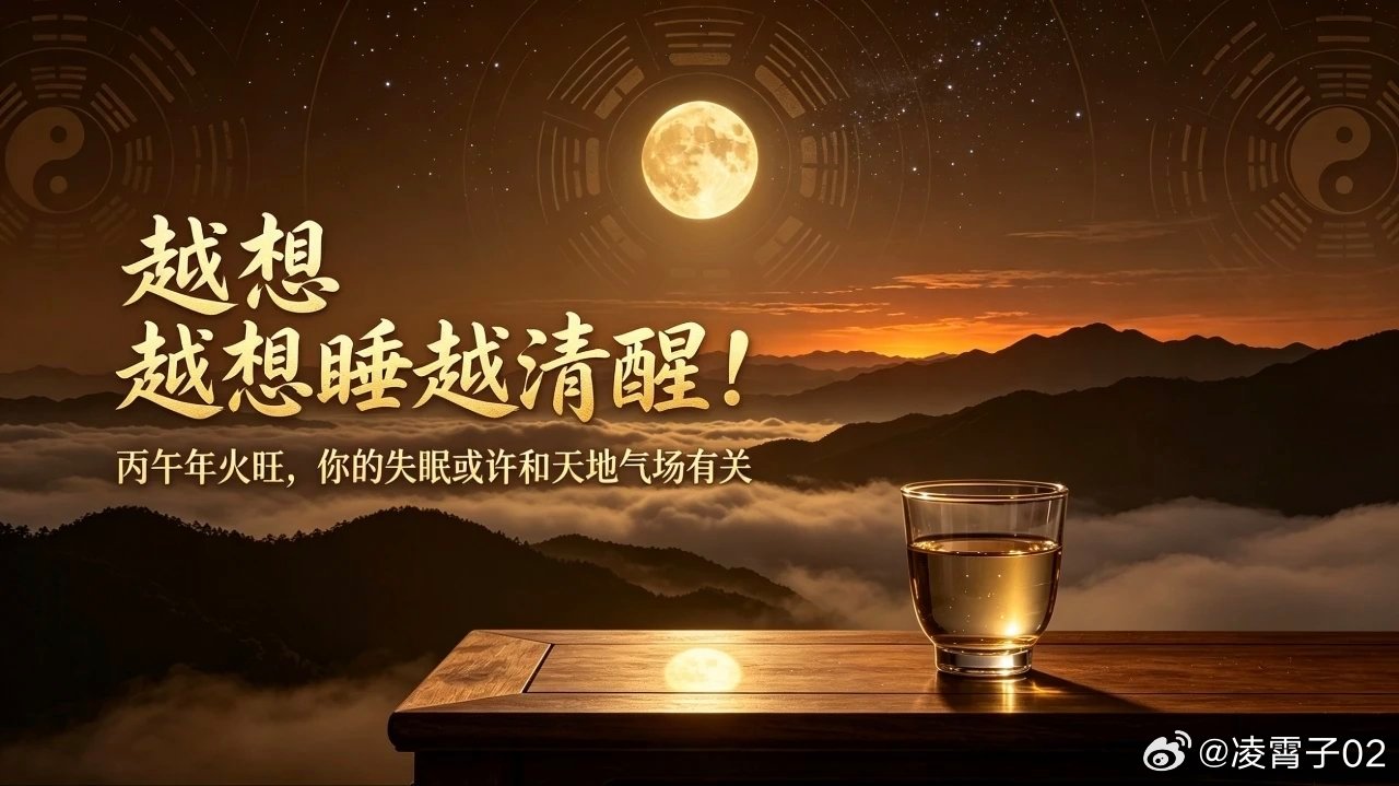 越想睡越清醒！丙午年火旺，你的失眠或许和天地气场有关最近很多朋友都遇到同一个麻烦：睡到半夜丑时（凌晨1—3点），毫无征兆骤然清醒，头脑格外明晰，辗转反复，久久难以复眠。不少人会心生惶恐，疑为外邪扰身。但依易学与传统医理而论：心主神明，肝藏魂。丑时恰为肝经当令之时，心火亢盛，则心神浮越，难以归藏；肝火上逆，则神魂不安，不得安卧。最直观的征象，便是丑时定时惊醒，醒来之后杂念纷起，思虑不休。2026丙午马年，天干丙为太阳烈火，地支午为正阳之火，干支一气，双火同宫，天地间火气蒸腾。此为流年卦气大势，无论原局喜火还是忌火，人身气机都会受天地气化牵动，或多或少出现燥热上浮之象。天地之气与人身之气同频共振，这便是天人相应。有三类人，在丙午旺火之年，睡眠受扰会格外明显：第一类：原局火旺之人八字命局火五行占三成以上，或是构成火局的朋友，今年属于火上加火。人身阳气本应入夜内敛、入阴归藏，流年烈火扰动，阳气浮而不收。夜间躺在床上，心神躁动，丑时易醒，醒后口干舌燥、心中烦热、舌尖发红。本质是体内火气超出承...