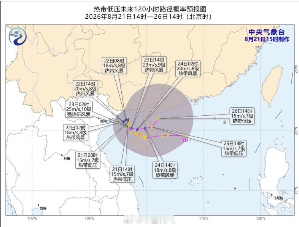 【南海热带低压消息】21日14时，南海热带低压中心位于距离海南省东方市北方向约170公里，就是北纬20.6度、东经108.4度，中心附近最大风力7级（15米/秒），中心最低气压为995百帕。[话筒]预计热带低压回旋少动，强度缓慢加强。 ​