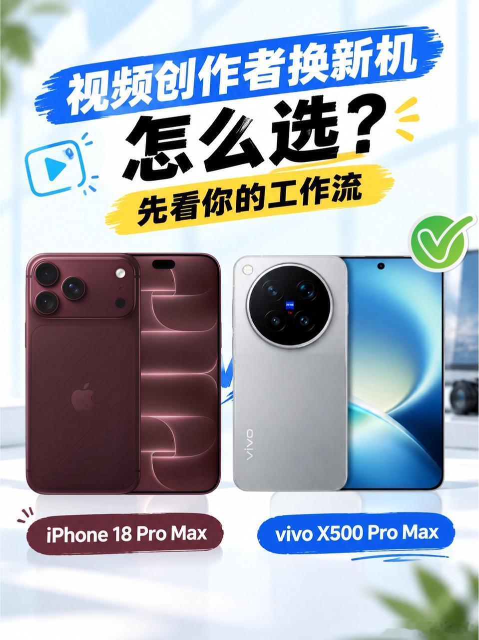 视频创作者换新机怎么选？先看你的工作流
最近的PM也是越来越多了，想选中一台更适合自己输出创作的机子真的不容易
今年的iPhone 18 Pro Max和vivo X500 Pro Max还蛮值得纠结纠结，这两台选择的是不同的路，一个把后期流程做顺，一个把前期实拍做足[柯基]

iPhone 18 Pro Max胜在生态与后期衔接。 A20  ​