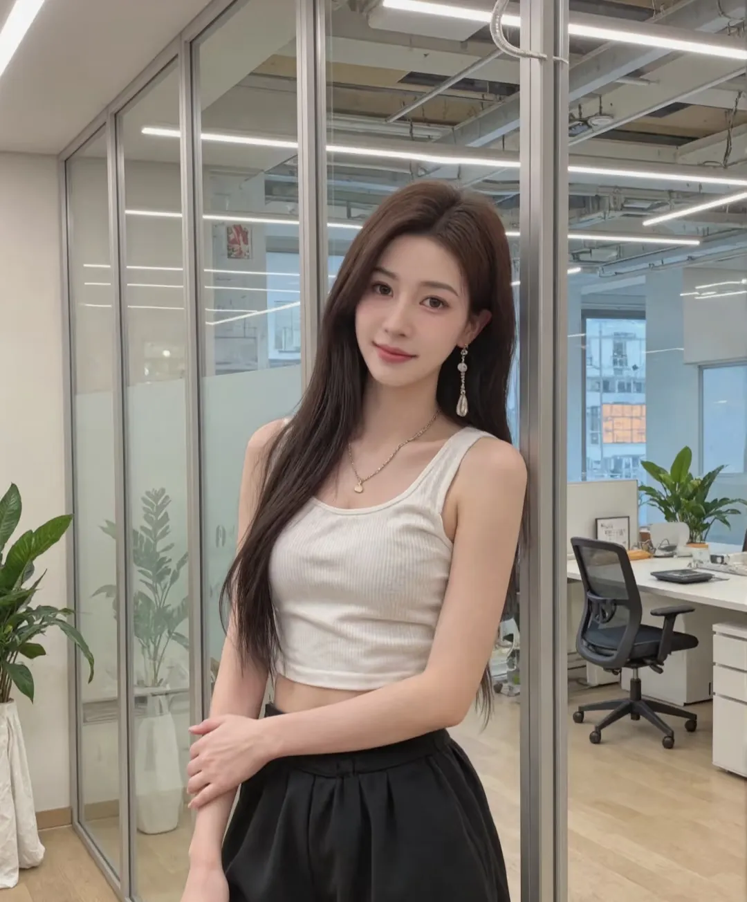 办公室里的甜美女孩，轻松自在，尽显优雅气质。