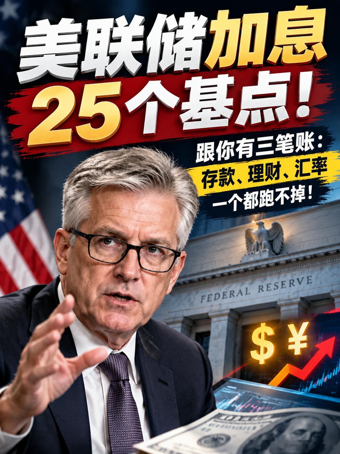 美联储加息 25 个基点，和你有关的三笔账：存款、理财、汇率，一个都跑不掉

"美联储加息，关我什么事？"

我不炒股、不换汇、不出国，美国加个息，凭什么动我的钱？

先别急着关掉。这三笔账，你可能真的没算过。

01 先搞懂：加息为什么能 "隔山打牛"

美元是全球通用货币。

美联储一加息，美元就变 ​