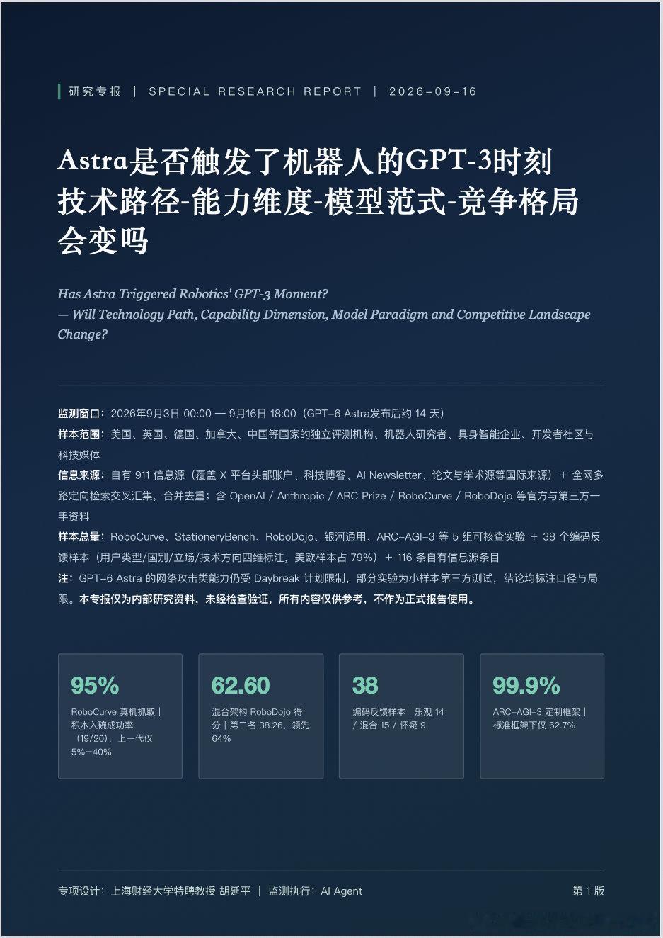 《Astra是否触发了机器人的GPT-3时刻》，跑了一份专报，需要的朋友私我。
总体态势分析、三类反馈的量化评估、四项核心研判、五组关键实验、OpenAI的意图与进展、竞争格局与走向、结论-局限-未来12至24个月观察指标...... ​