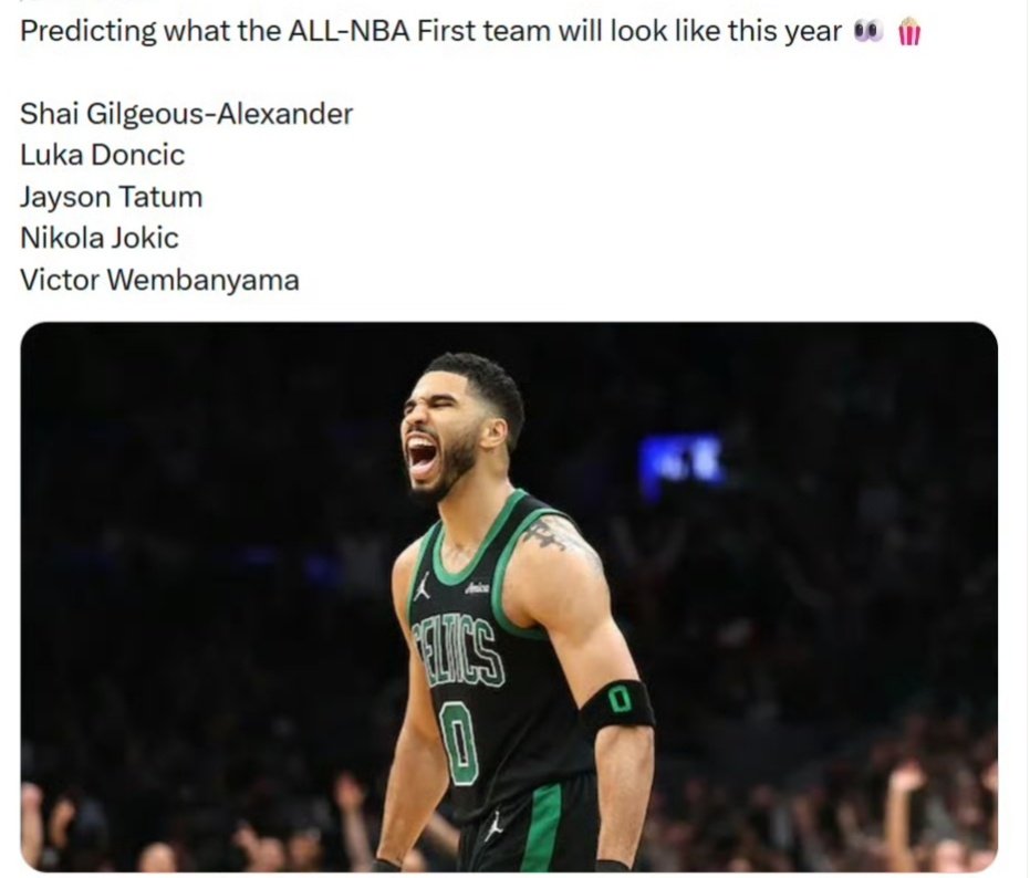 美媒预测NBA2026-27赛季一阵：

亚历山大，东契奇，塔图姆，约基奇，文班亚马

#NBA# ​
