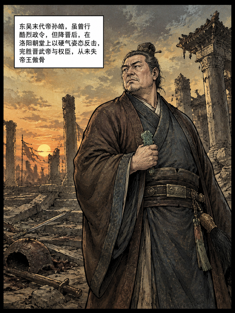 亡国之君孙皓投降洛阳，怼得晋武帝脸发烫，还骂得西晋第一权臣贾充哑口无言！

谁能想到，这个曾被骂类人生物的残暴亡国帝，在晋宫竟成了硬气代名词。

换做是刘禅，早就跪在地上装乖讨好。

可孙皓偏不司马炎拿座位羞辱他，他当场回呛；贾充骂他暴虐，他一句话戳中贾充弑君黑历史。

全程硬气到没丢亡国之君的脸，