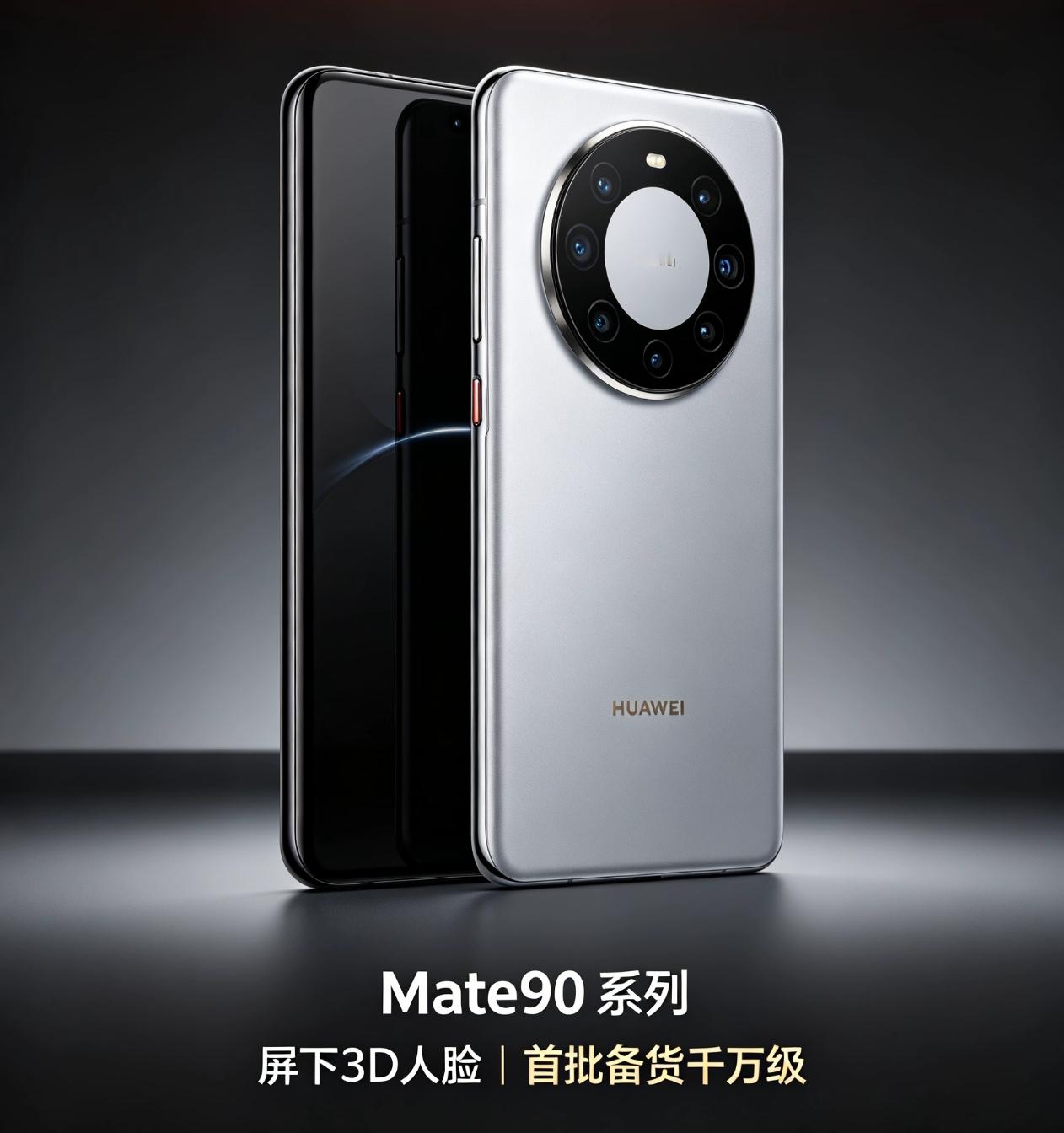 华为Mate90首批备货破千万，屏下3D人脸终于落地
 
每年华为Mate系列的爆料，都能搅动整个数码圈。来自供应链一手消息，Mate90系列定档9月23日深圳开发布会，这一代最大猛料：屏下3D结构光正式量产落地，取消药丸挖孔，整机做到真正真全面屏，同时国产化率进一步拉高，首批备货直接冲到1000万