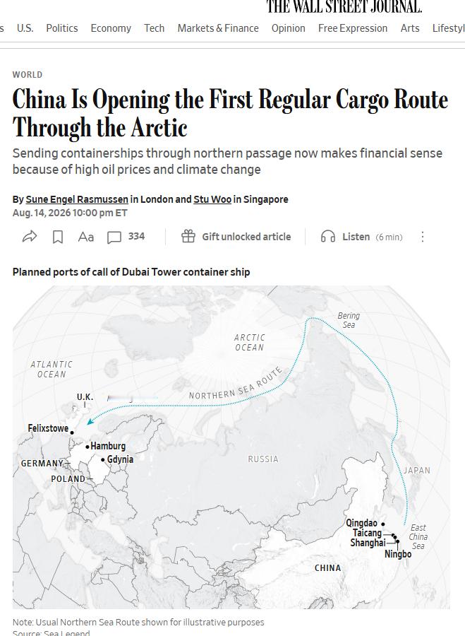 这个是今天的华尔街日报头条新闻：中国开通首条北极定期货运航线：20天到欧洲，但远非苏伊士运河的替代者
（我的感想，On the technocratic style of governance in China: problems are resolved through technical and pragmatic approaches.和否认全球变暖，鼓吹煤炭为清洁能源，重回蒸汽机时代，一 ​
