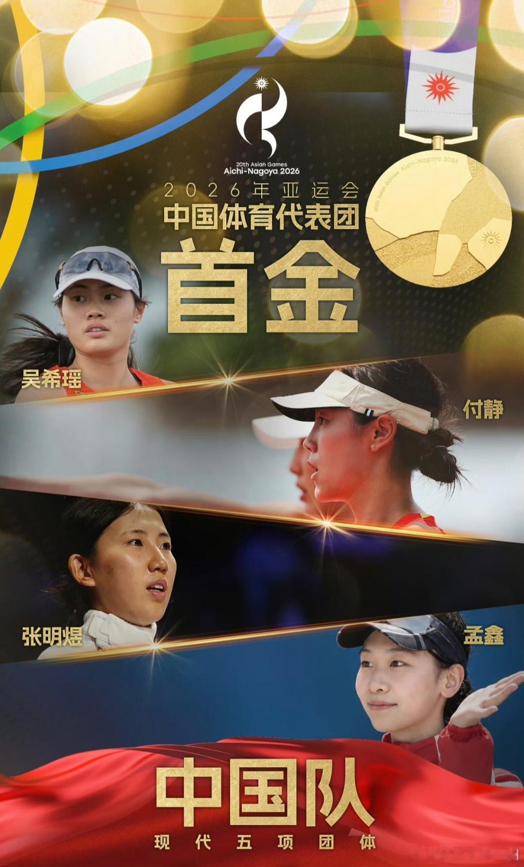 #中国代表团亚运首金#太让人振奋！张明煜、吴希瑶、付静、孟鑫四位姑娘拿下现代五项女团金牌，为中国队摘得本届亚运首金 。面对全新赛制，几项项目轮番比拼，体能和心态都经受巨大考验。姑娘们互相配合，顶住压力稳扎稳打，把汗水化作金牌。开门红来之不易，为这四位拼搏的运动健儿点赞，期待中国代表 ​