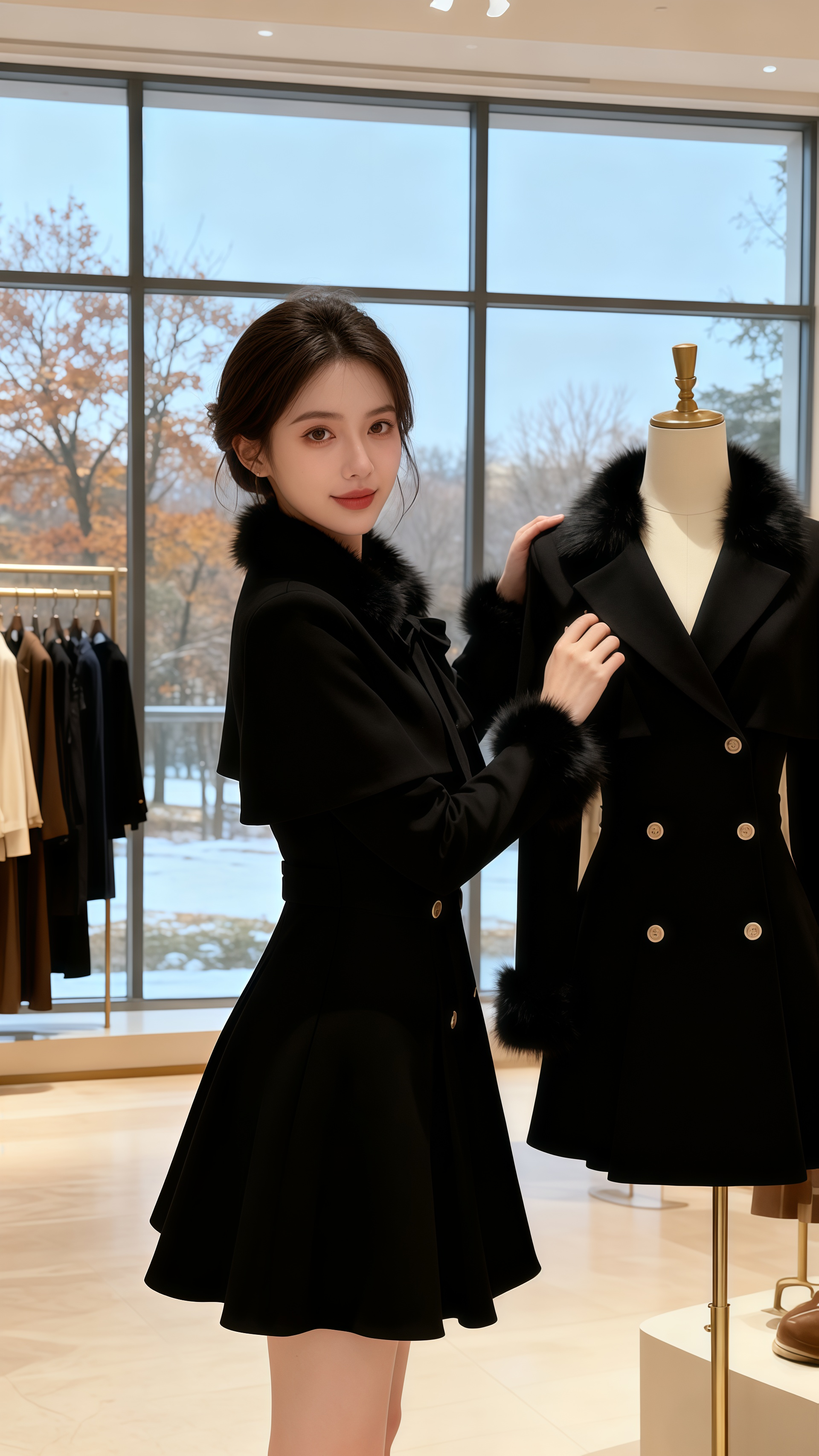 初冬名媛风黑色披肩斗篷套装裙，小香风设计尽显甜美优雅，毛绒领与斗篷元素...