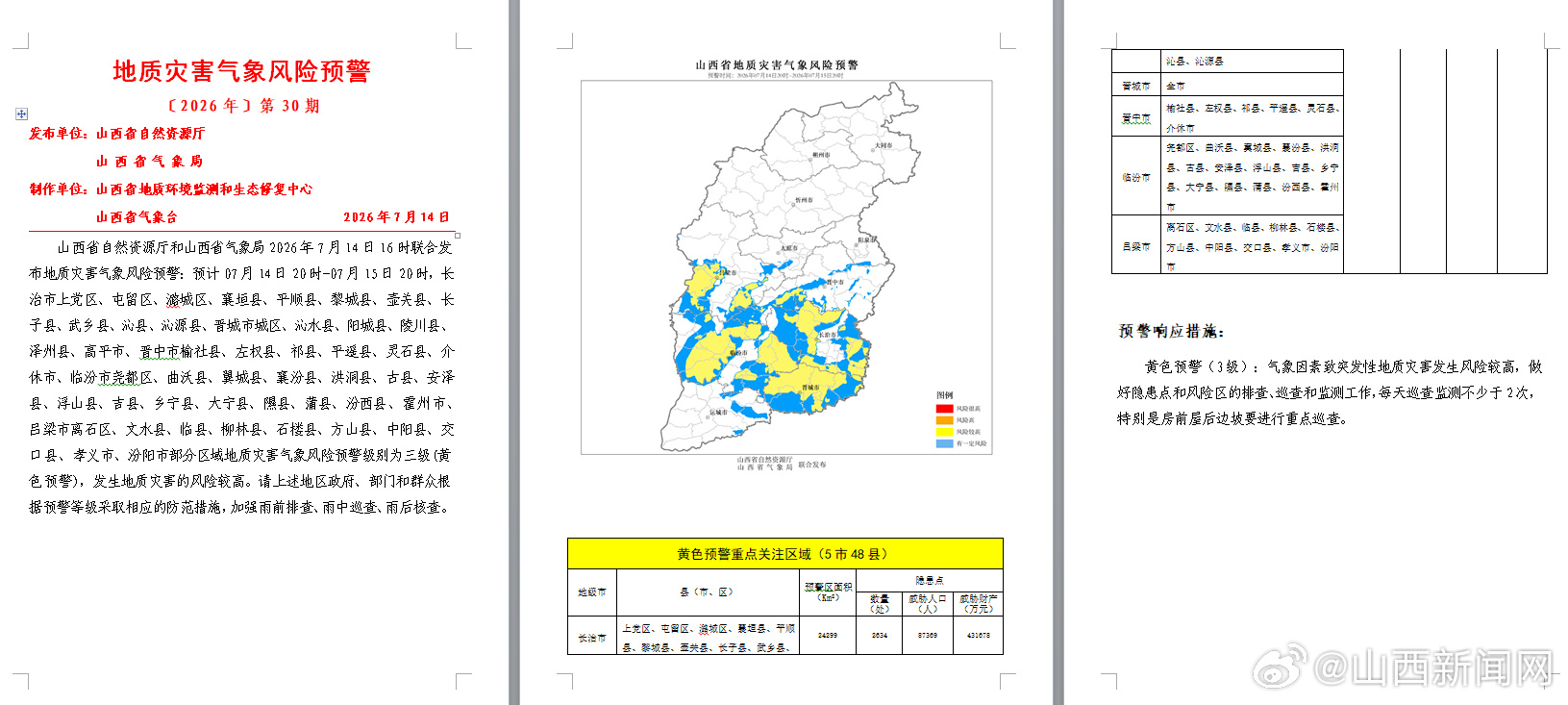 【山西发布地质灾害气象风险预警】山西省自然资源厅和山西省气象局2026...