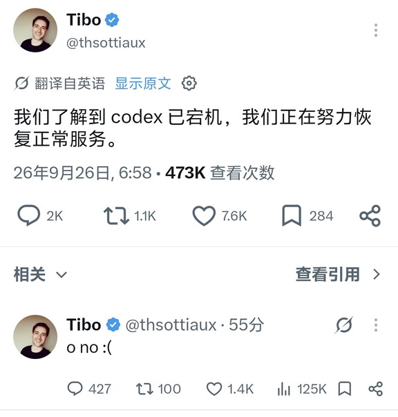 codex 宕机，预计又要重置了🤦‍♂️