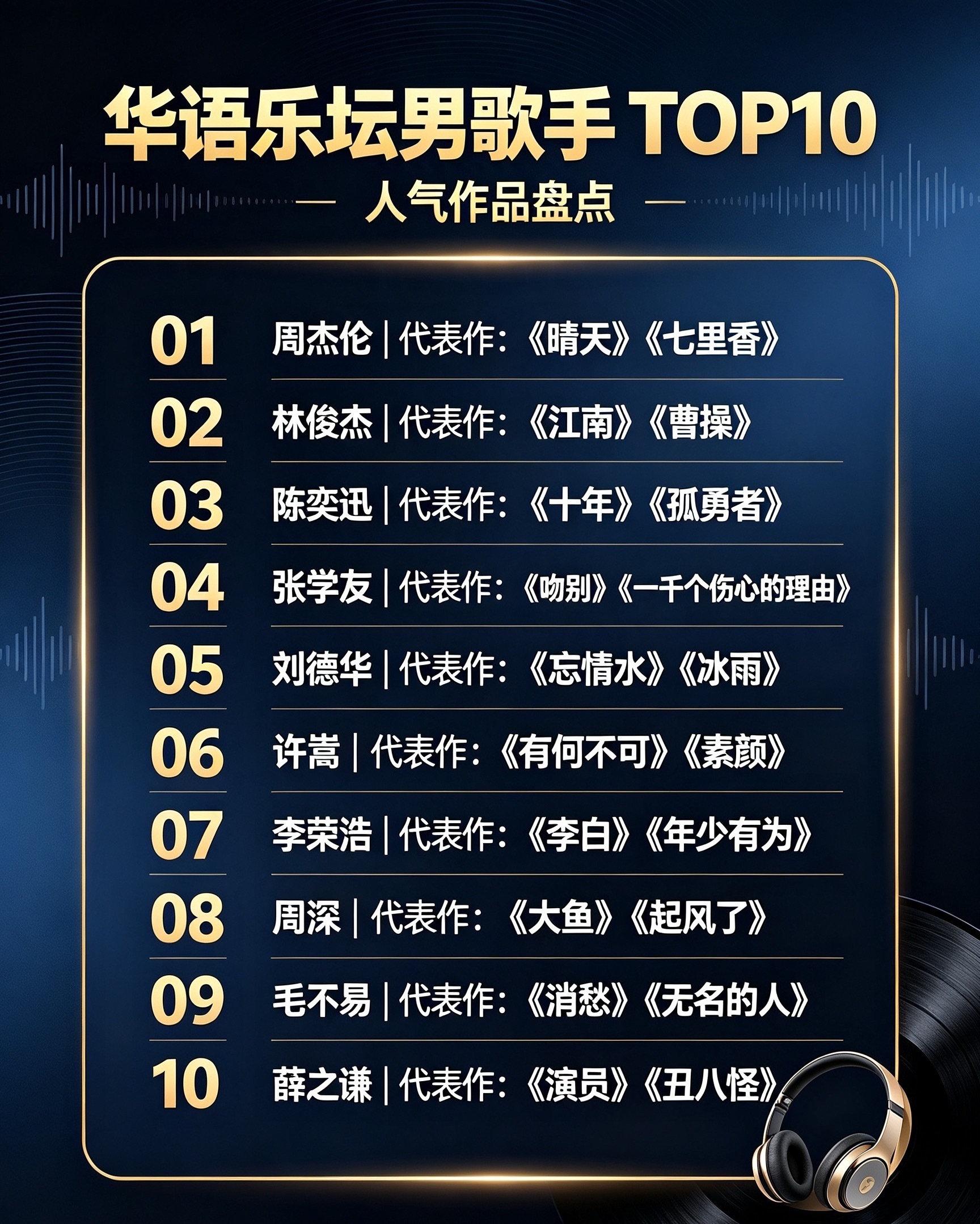 🎤华语乐坛男歌手TOP10🔥

1. 周杰伦｜代表作：《晴天》《七里香》

2. 林俊杰｜代表作：《江南》《曹操》

3. 陈奕迅｜代表作：《十年》《孤勇者》

4. 张学友｜代表作：《吻别》《一千个伤心的理由》

5. 刘德华｜代表作：《忘情水》《冰雨》

6. 许嵩｜代表作：《有何不可》《素颜》

7. 李荣浩 ​