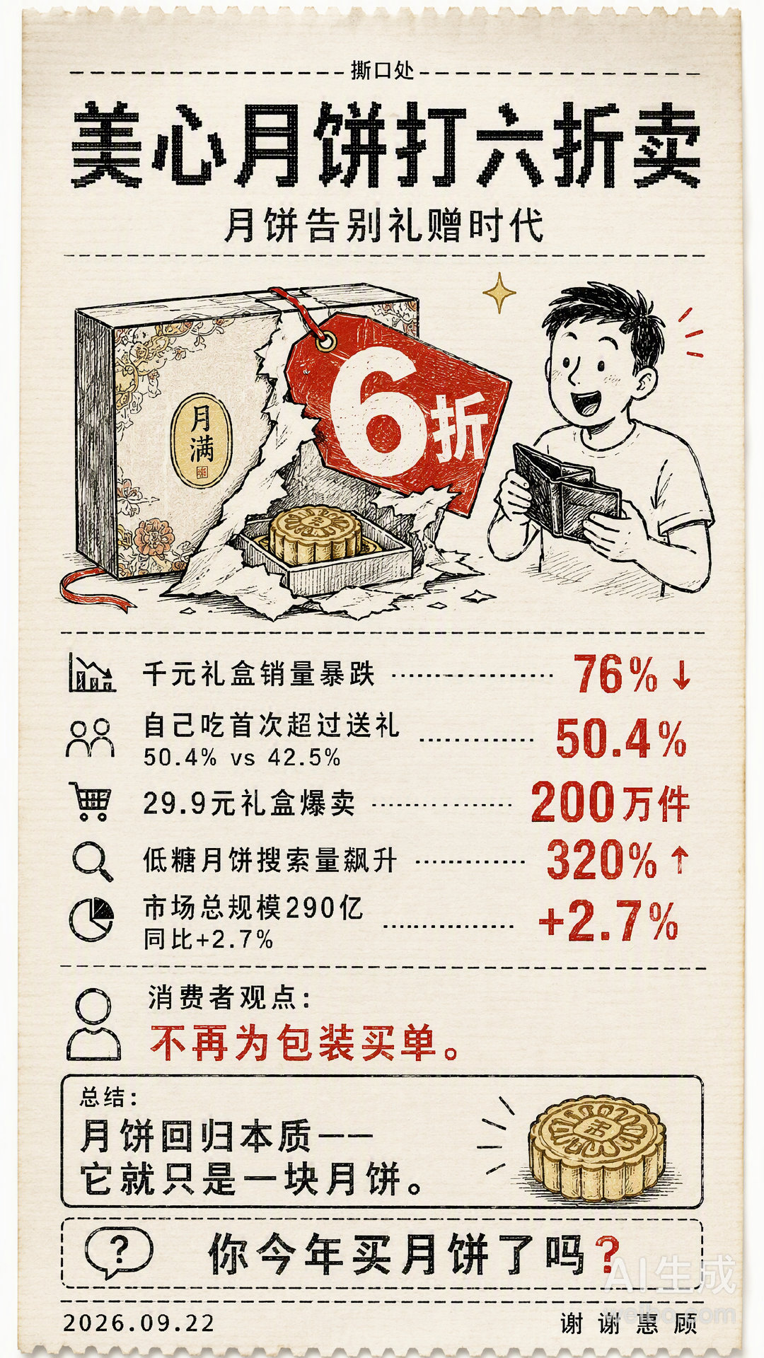 #美心月饼打六折卖#过了中秋节就算打骨折了也没有人买了，现在的月饼🥮已经失去了它当初作为节令食品的初衷了，价格虚高，高油高糖的月饼已经不在成为人们热衷的食品了。 ​