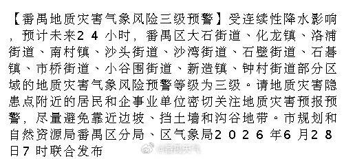 【番禺地质灾害气象风险三级预警】受连续性降水影响，预计未来24小时，番...