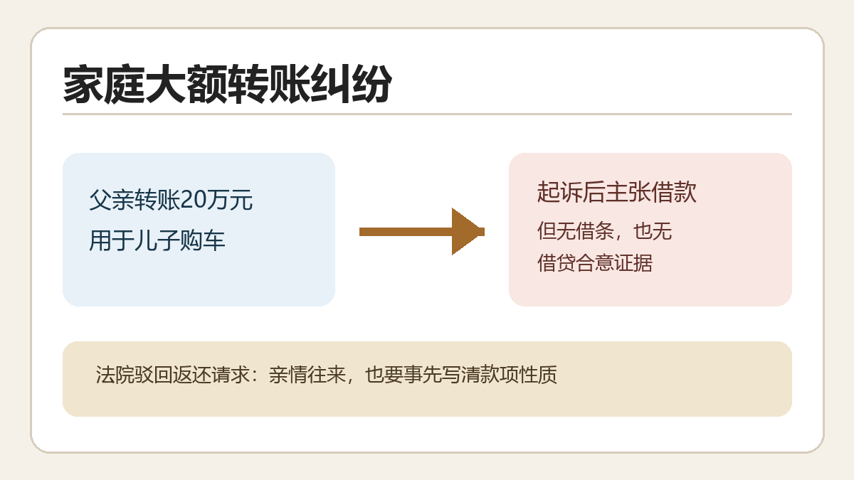 20万元买车款起纠纷，亲情转账也要留证

2021年，湖南常德一名父亲在儿子结婚前转给他20万元，用于购买车辆。几年后父子关系恶化，父亲起诉要求儿子还款，主张这笔钱属于借款；儿子则称父亲当时明确表示是赠与。

法院审理认为，父亲虽然能够证明20万元已经转出，却没有借条、还款约定或其他证据证明双方形成