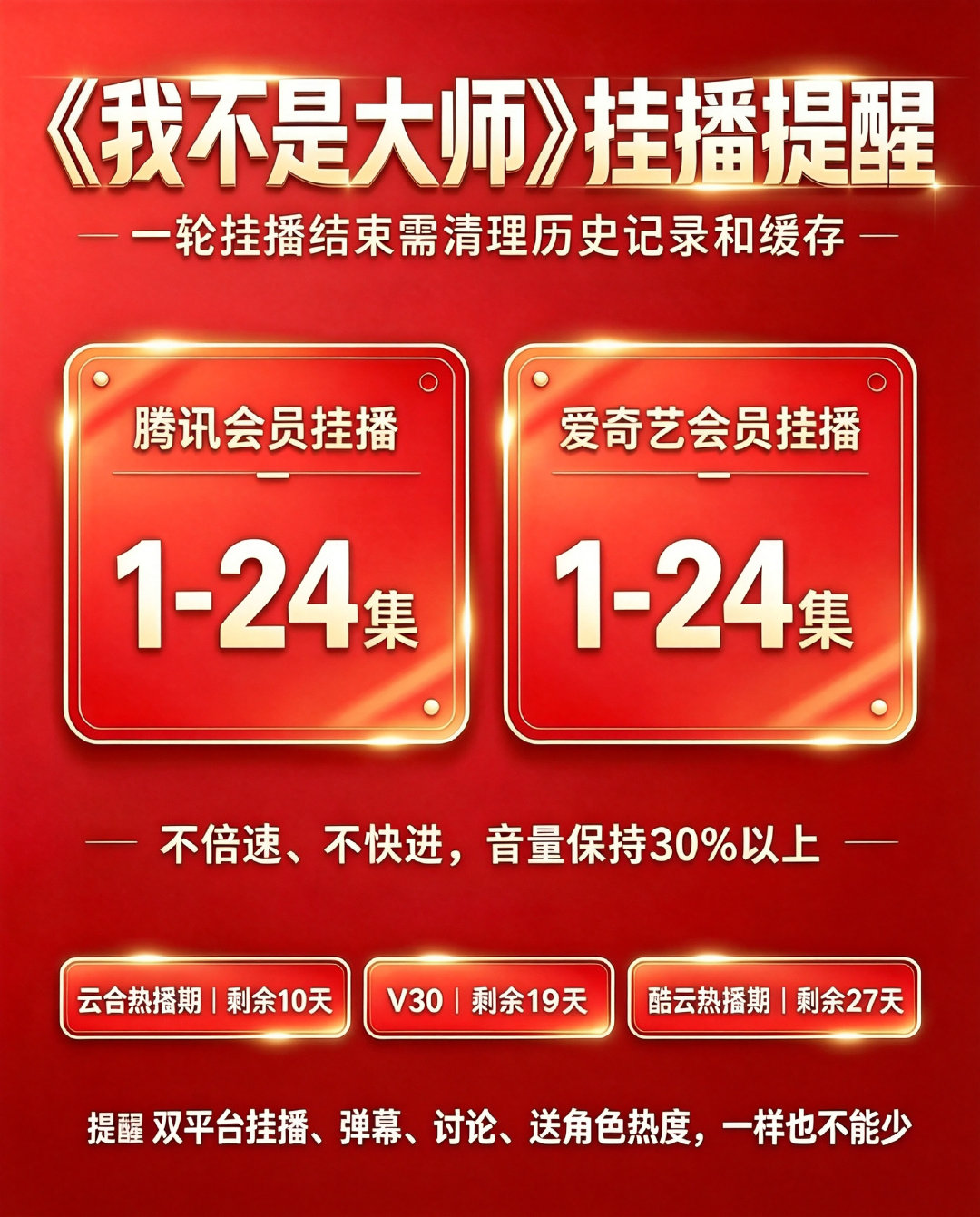 今天是《我不是大师》开播第22天，会员收官后第4天，剧集已全锁V，云合热播期包含今日还剩余10天、V30剩余19天、酷云剩余27天，大家一定要坚持住双平台挂播、弹幕、讨论、刷角色热度，给我不是大师留下最好的成绩单
#我不是大师##李现我不是大师##李现上官诚明# ​