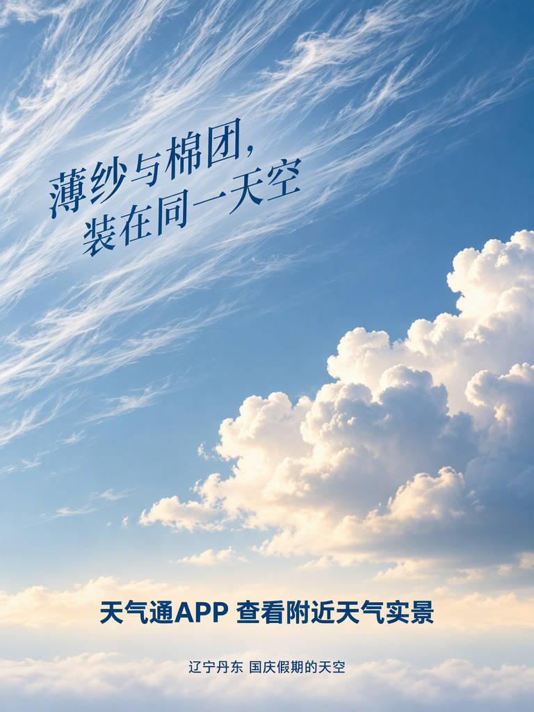 【国庆的丹东，把天空拍成薄纱和棉团】10月4日的辽宁丹东，有人抬头拍下了一场云的展览：流云扯出丝丝薄纱，云朵撒成蓬松棉团。秋天的天空，值得认真抬头看一眼。你的头顶此刻是什么样？天气通APP可以查看附近天气实景。#假期每一程都有天气通##国庆去哪天气更合适##假期天气变化比计划更快#