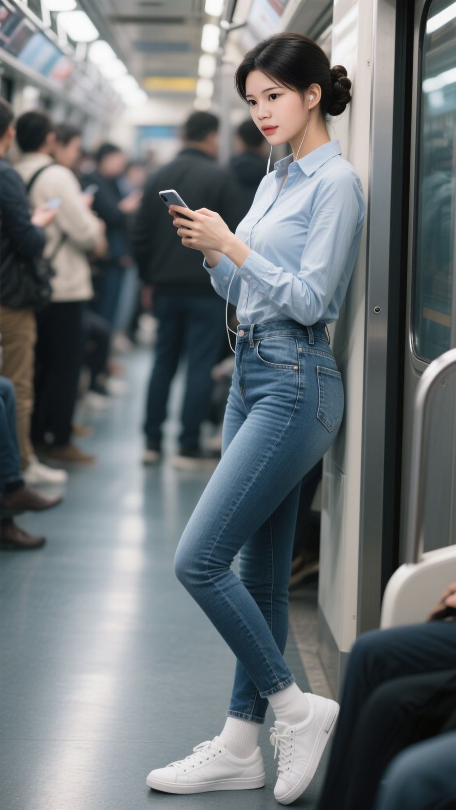 地铁车厢里，人潮涌动。她扎着利落发髻，浅蓝色衬衫俏皮打结，搭配经典牛仔...