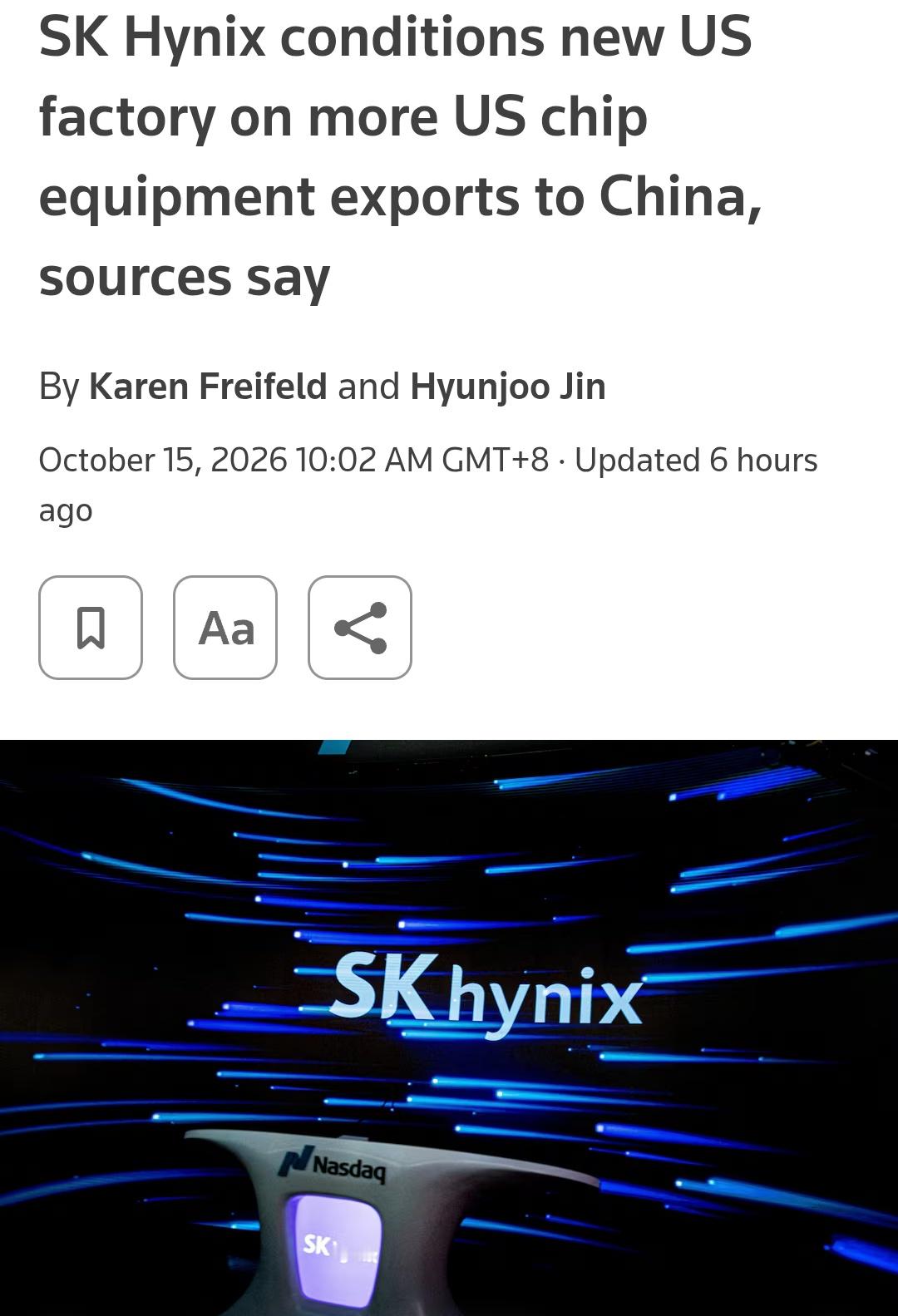 美国封锁中国芯片数年，今天被韩国企业亲手撕开一道大口子，这波，中国算躺赢吗？
 
路透社刚刚爆出重磅内幕：
SK海力士直接硬刚美国，开出终极对等交换条件：
 
想让我去美国砸钱建新厂、帮美国完善AI闪存供应链？
先解禁！先放开设备！先允许中国大连工厂扩产！
 
放在前两年根本不敢想。
过去美国说封就