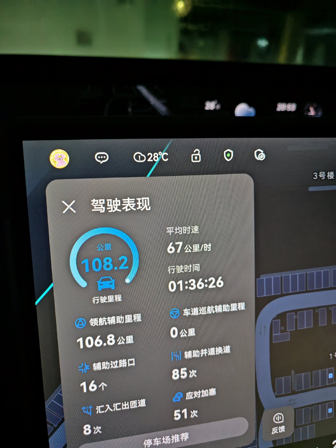 全程108.2公里，华为智驾106.8公里，自己开了1.4公里，现在真是一点路都不想开[二哈]华为的技术还是值得信赖的[good][good][good] ​