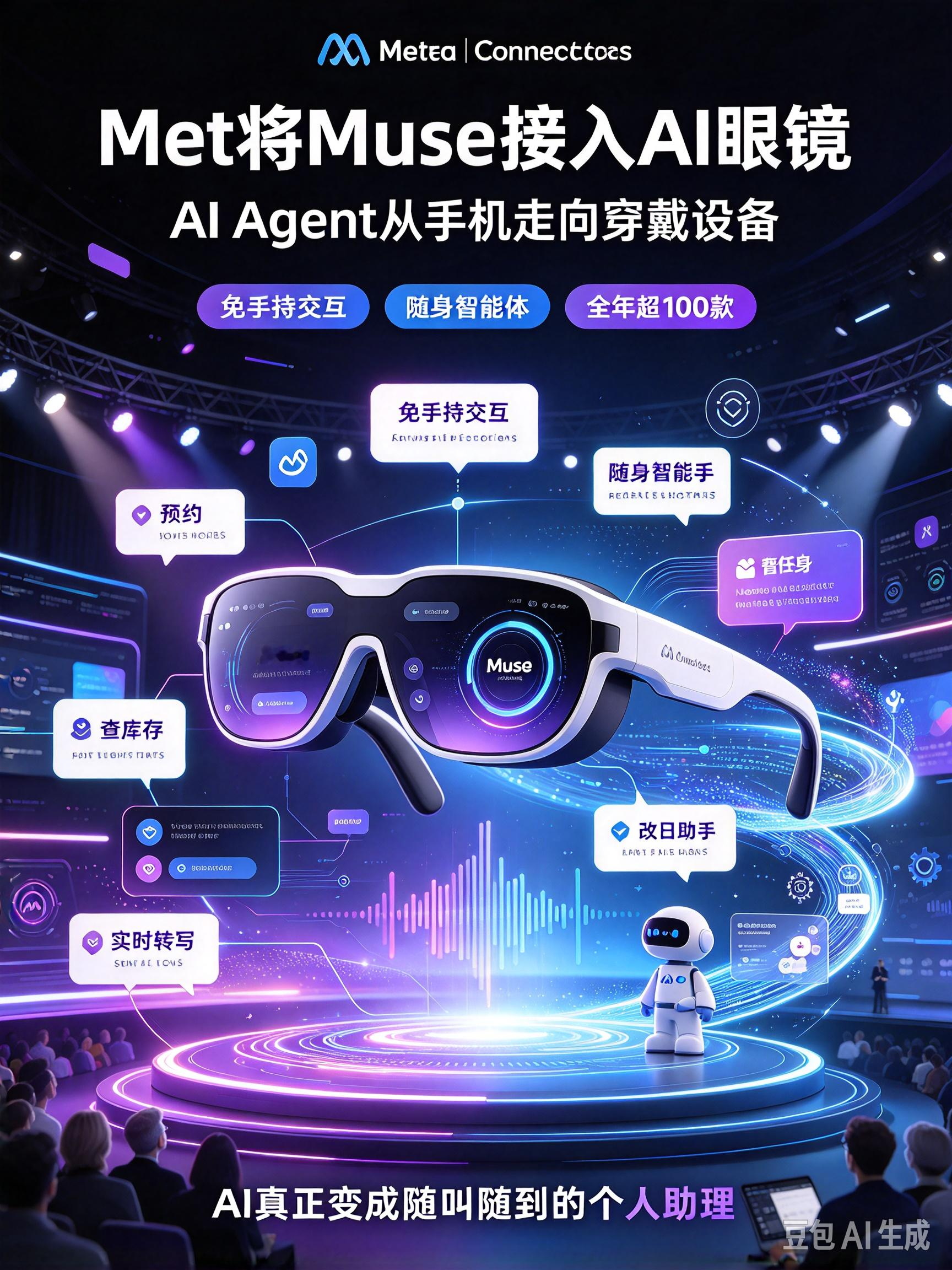【Meta 将 Muse 接入 AI 眼镜，AI Agent 从手机走向穿戴设备】
Meta 在 Connect 2026 大会上宣布，将 Muse AI 智能体深度集成到 AI 眼镜产品线。用户无需掏出手机，直接通过语音就能让 Muse 完成预约、查库存、改日程、通话实时转写等操作，全程免手持交互