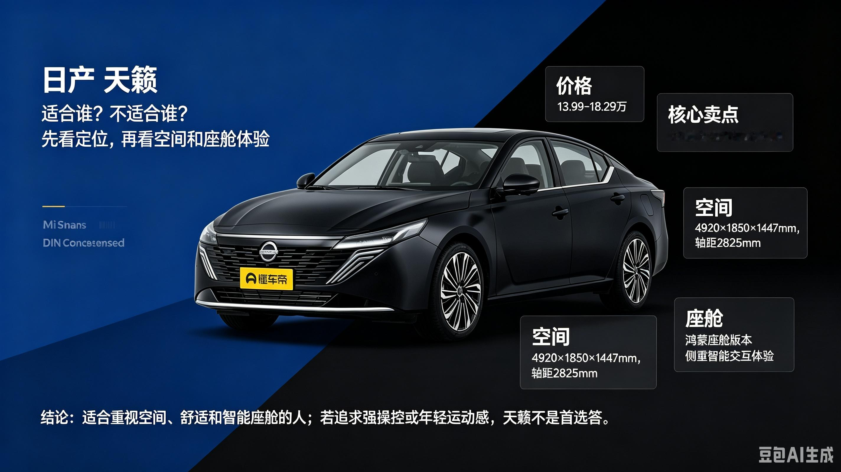 日产天籁指导价13.99‑18.29万，作为中型车轴距2825mm，后排空间表现宽裕。座椅舒适性一直是它的强项，新款搭载鸿蒙座舱，车机交互体验升级。适合看重家用舒适、日常通勤代步的用户。追求激烈驾驶的就不太推荐，试驾时可以重点感受底盘与车机实际表现。【来自懂车帝车友圈】
