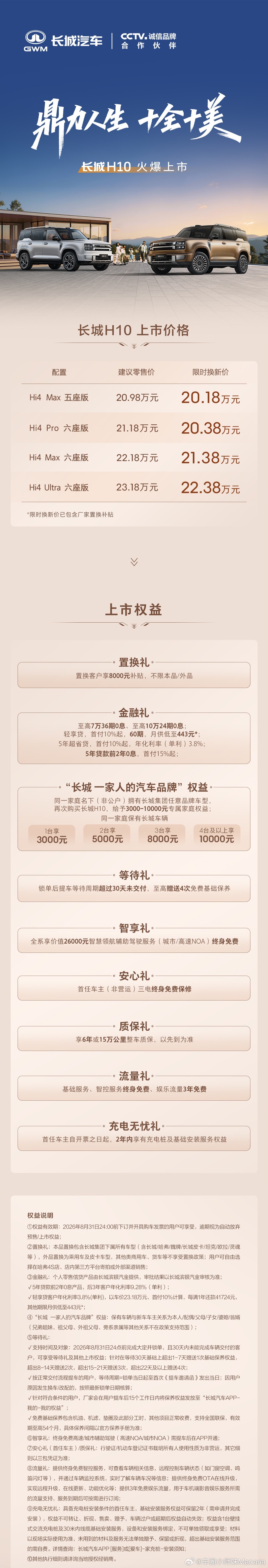今晚长城H10正式公布上市价格，20.98‑23.18万，限时换新价2...