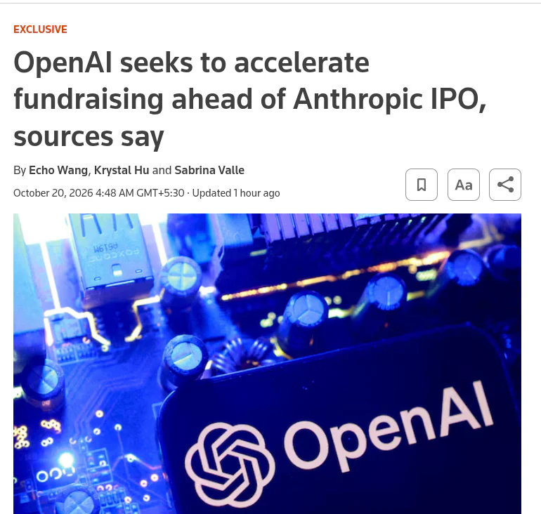 OpenAI 又要融钱了，在 Anthropic 上市前洽谈融资约 300 亿美元，估值超 1.4 万亿美元，比 3 月的 8520 亿美元高 60%。 ​