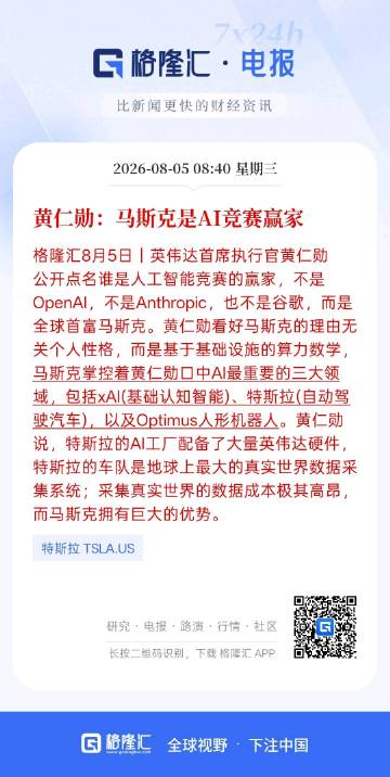 黄仁勋：马斯克是AI竞赛赢家