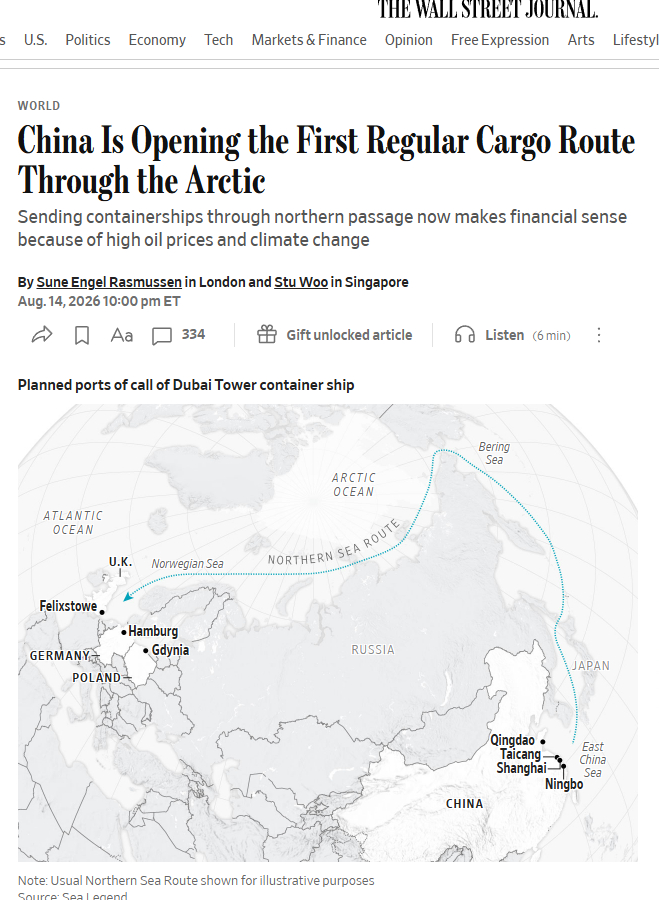 这个是今天的华尔街日报头条新闻：中国开通首条北极定期货运航线：20天到欧洲，但远非苏伊士运河的替代者
（我的感想，On the technocratic style of governance in China: problems are resolved through technical and pragmatic approaches.和否认全球变暖，鼓吹煤炭为清洁能源，重回蒸汽机时代，一 ​