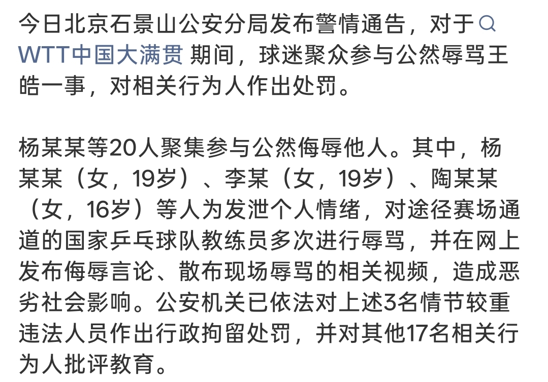 20人被处理饭圈歪风闯祸！
WTT赛场辱骂王皓的人受罚了！
​
北京石景山公安的这条通告，真的值得所有人看一看。
 WTT中国大满贯期间，有20个球迷聚集起来，公然辱骂国乒教练王皓。其中三名年轻人情节比较重，已经被行政拘留，另外17人做了批评教育。
 
就因为个人喜好，在赛场通道堵人谩骂，还把视频发