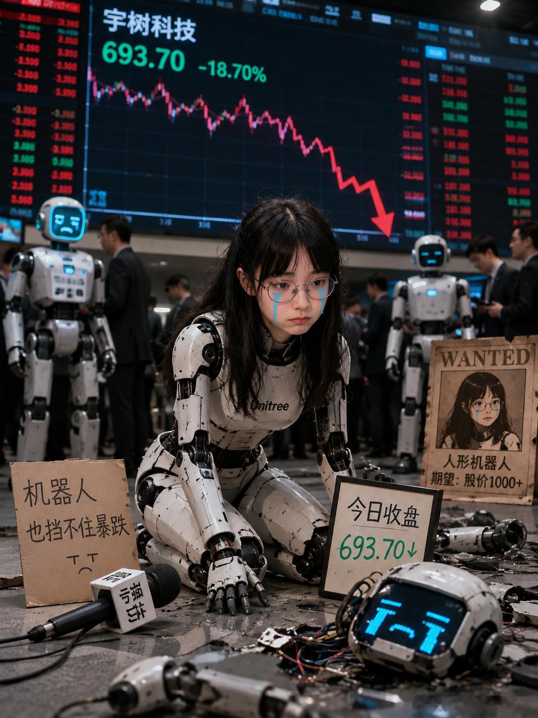 宇树科技大跌，首日冲进去的全被活埋！三天跌掉42%，市值蒸发超800亿。

不少低成本中签的幸运儿首日就全卖出去了，把手里的筹码全倒给了高位接盘的吃面侠们。

现在已经到了疯狂踩踏的阶段，一丁点抛压都会被无限放大，因为新资金的持仓成本太高了，这批资金是没有安全垫的。

非得整机器人股票的，可 ​