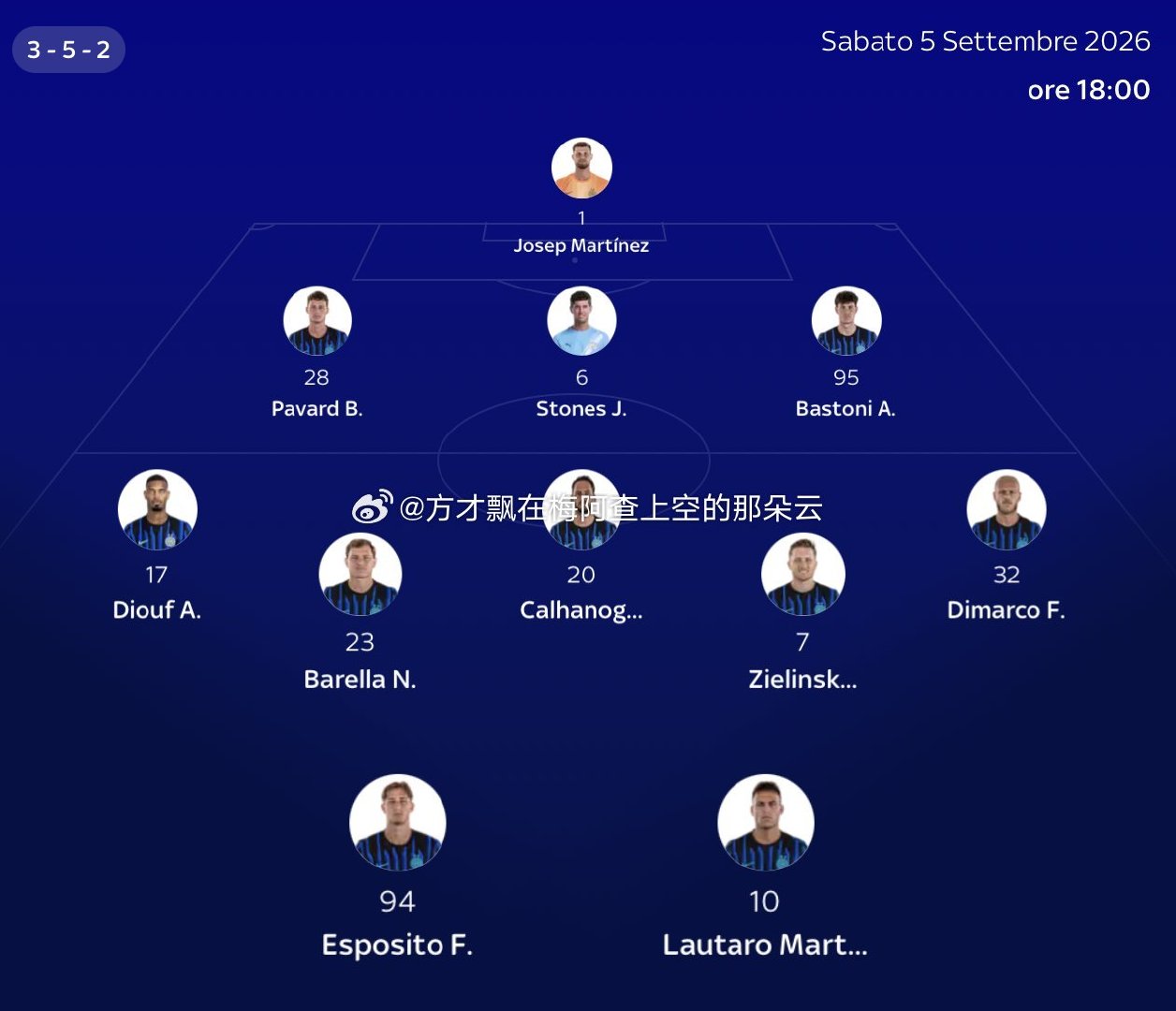 国际米兰vs那不勒斯 天空体育首发预测:何塞普/本杰明 蒋磊 亚历桑德罗/费德里科 哈坎 彼德 尼科洛 安迪/劳塔罗 皮奥 #国际米兰##意甲联赛##那不勒斯##意甲# ​