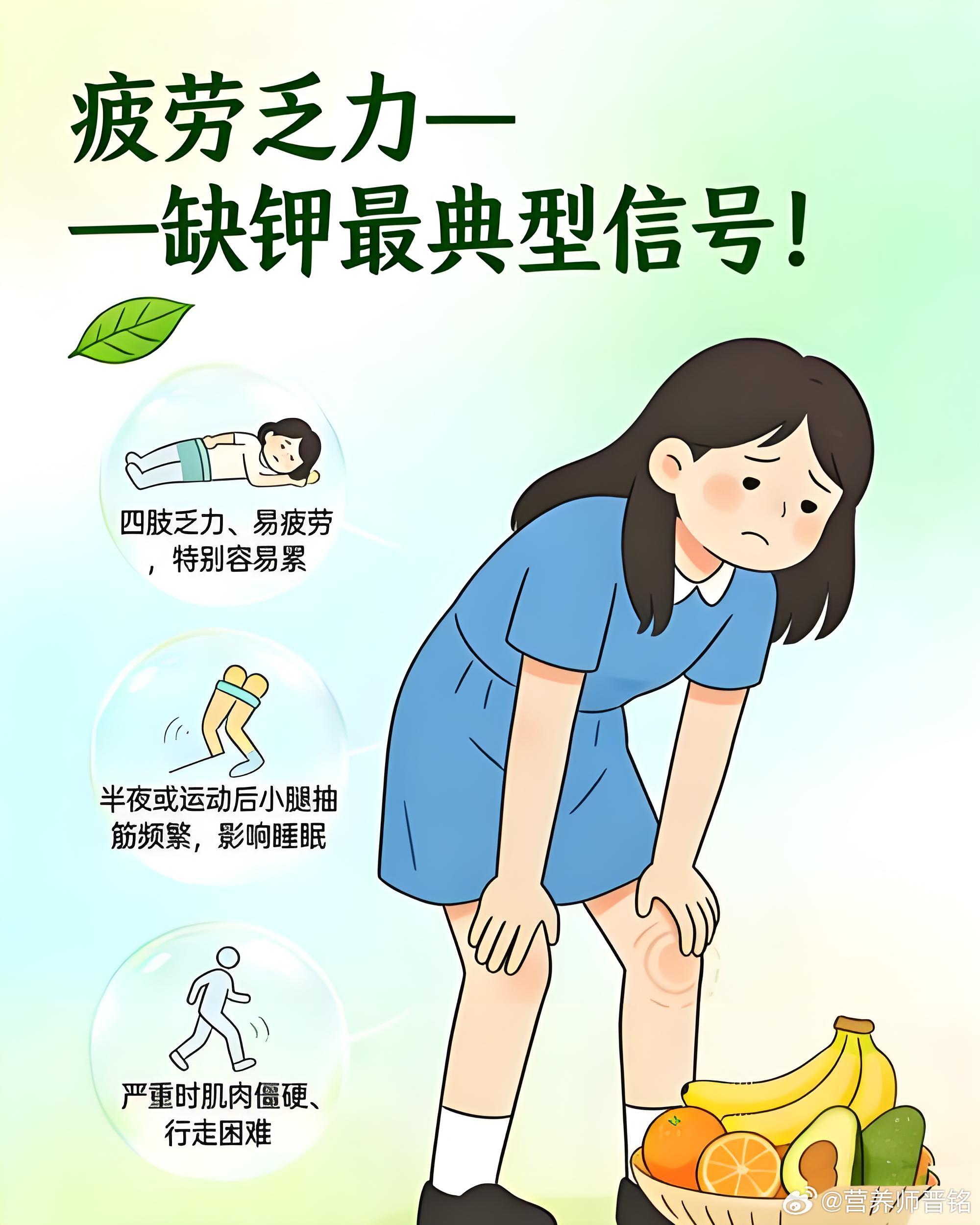 #吃播圈催吐导泄都造成血钾暴跌##健闻登顶计划# 出汗多、腿脚软？你该补钾了！💪

钾是维持神经肌肉功能的“活力元素”，缺钾会让人浑身没劲、心慌抽筋。

🥬 日常高钾食物红榜：

✅ 菌菇王者：口蘑、香菇（干的泡发后更浓）

✅ 豆薯主力：土豆、红薯、黄豆、黑豆

✅ 水果优等生：香蕉、牛油果 ​