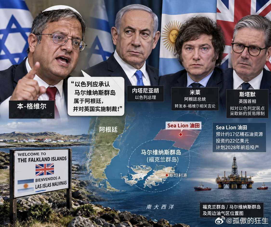 英国准备对约旦河西岸以色列定居点采取新的贸易限制，以色列国家安全部长本-格维尔没有继续围着西岸跟英国吵，而是突然把地图拉到了南大西洋。
9月7日，本-格维尔公开喊话以色列总理内塔尼亚胡：以色列应该承认马尔维纳斯群岛属于阿根廷，并对英国实施制裁。
他还指责英国“从阿根廷人民手里夺走”这片 ​