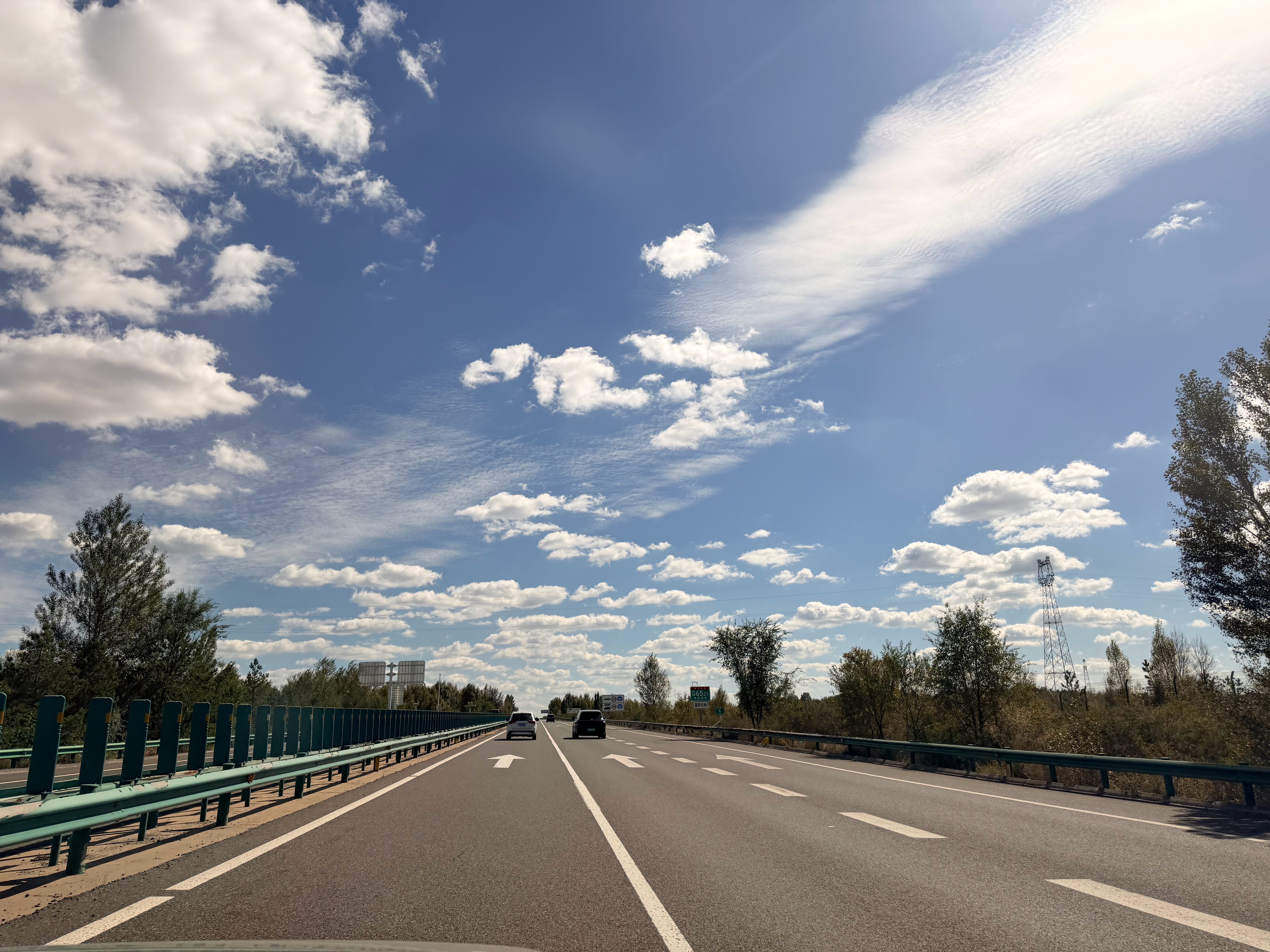 前面是一路平坦的公路，两边是微微泛黄的行道树
路的尽头是草原或者种了梭梭树的小沙包，一排慢慢旋转的大风车，蓝天和白得闪亮的云
耳边是夏企，棱镜和周兴哲的歌单
副驾还有一个生病睡觉的人
人生也许没那么幸福，但此刻也没那糟糕
就像踩油门的时候因为风景太美好治愈而微微发呆的时候微微偏离了方 ​