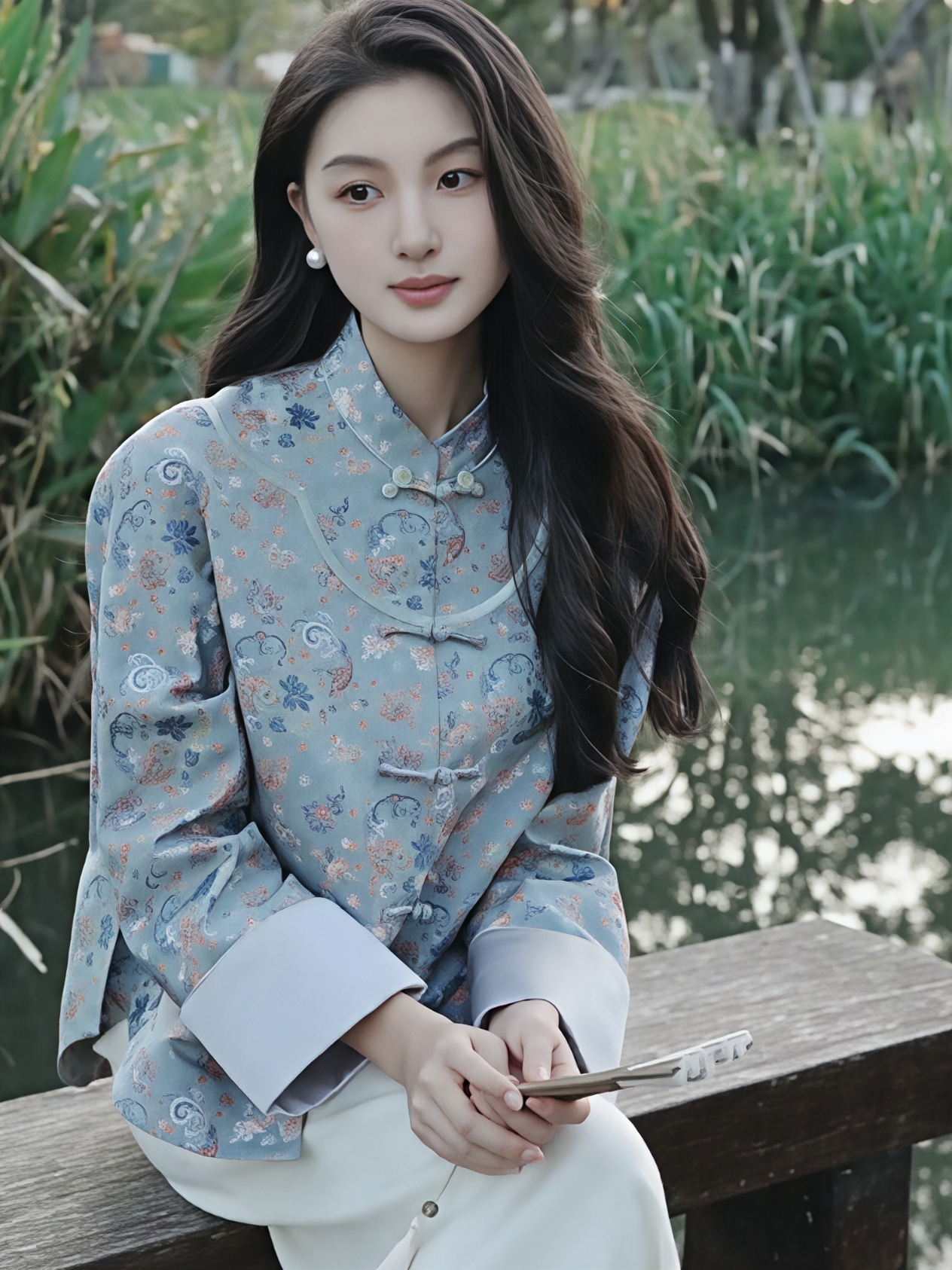 这才是国风美天花板！小姐姐穿宋锦衣一整个温婉住 谁懂啊！穿浅蓝宋锦新中...