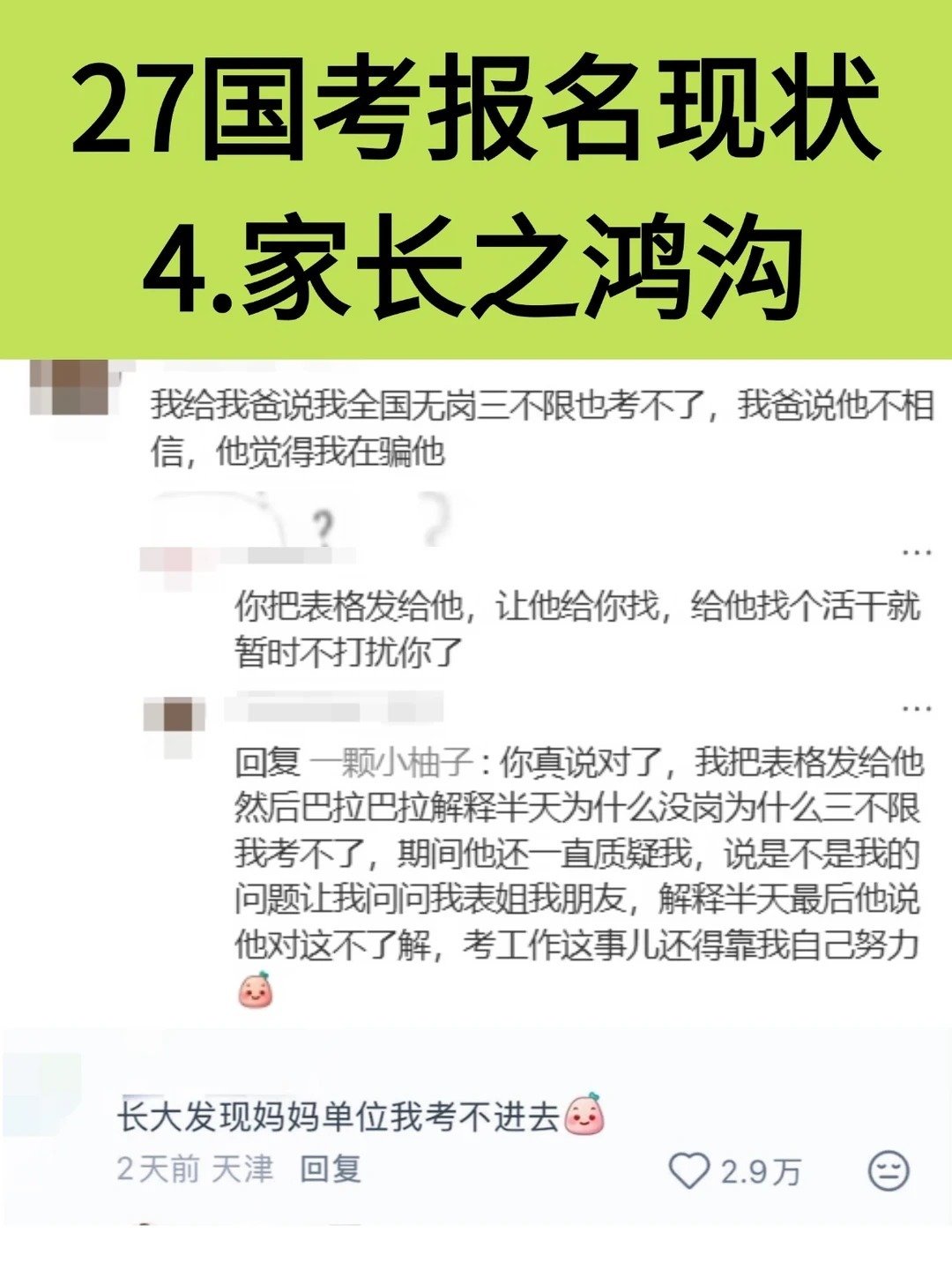 27#国考报名#现状：考公人进入大烧心时代！🔥❤️
有岗但报录比惊人[惊恐]看完职位备注无语得笑了出来[皱眉]文科三大卷王捆绑出现[抓狂]报名才发现和家长的鸿沟有多深[允悲]
你完成了国考报名吗？面对今年这个报名现状，有什么感受呢？[哈哈]欢迎来评论区一起吐槽聊聊~💬#国考# #2027国考# ​