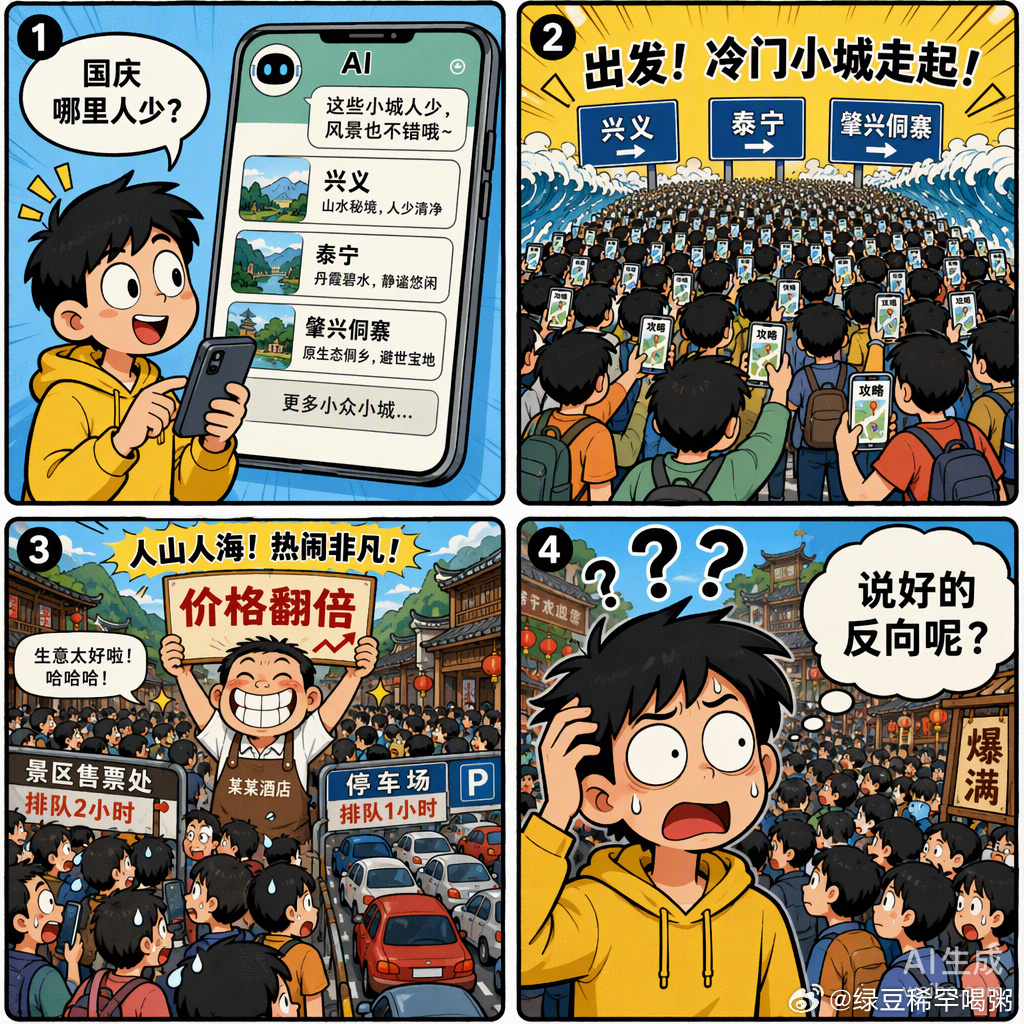 #国庆反向旅游迎来新变化#
说好的反向，但越来越多的“大聪明”熟练使用AI后，反向也会变成曾经的热门景点一样[允悲]

可以说，今年不是大家没躲开人潮，而是被AI集体忽悠了。

以前我们躲景区，是看地图、查攻略，靠的是信息差。现在大家都去问AI：“哪里人少景美？”结果AI给出的答案高度雷同，兴义 ​