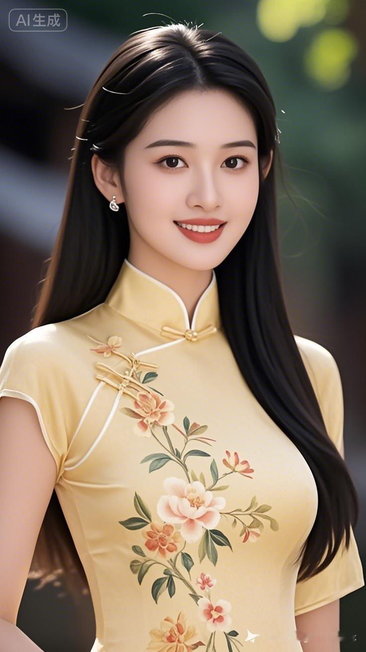 真人美女身着素雅旗袍，衣料质感清晰可触。她眉眼弯弯，唇角漾着清甜微笑...